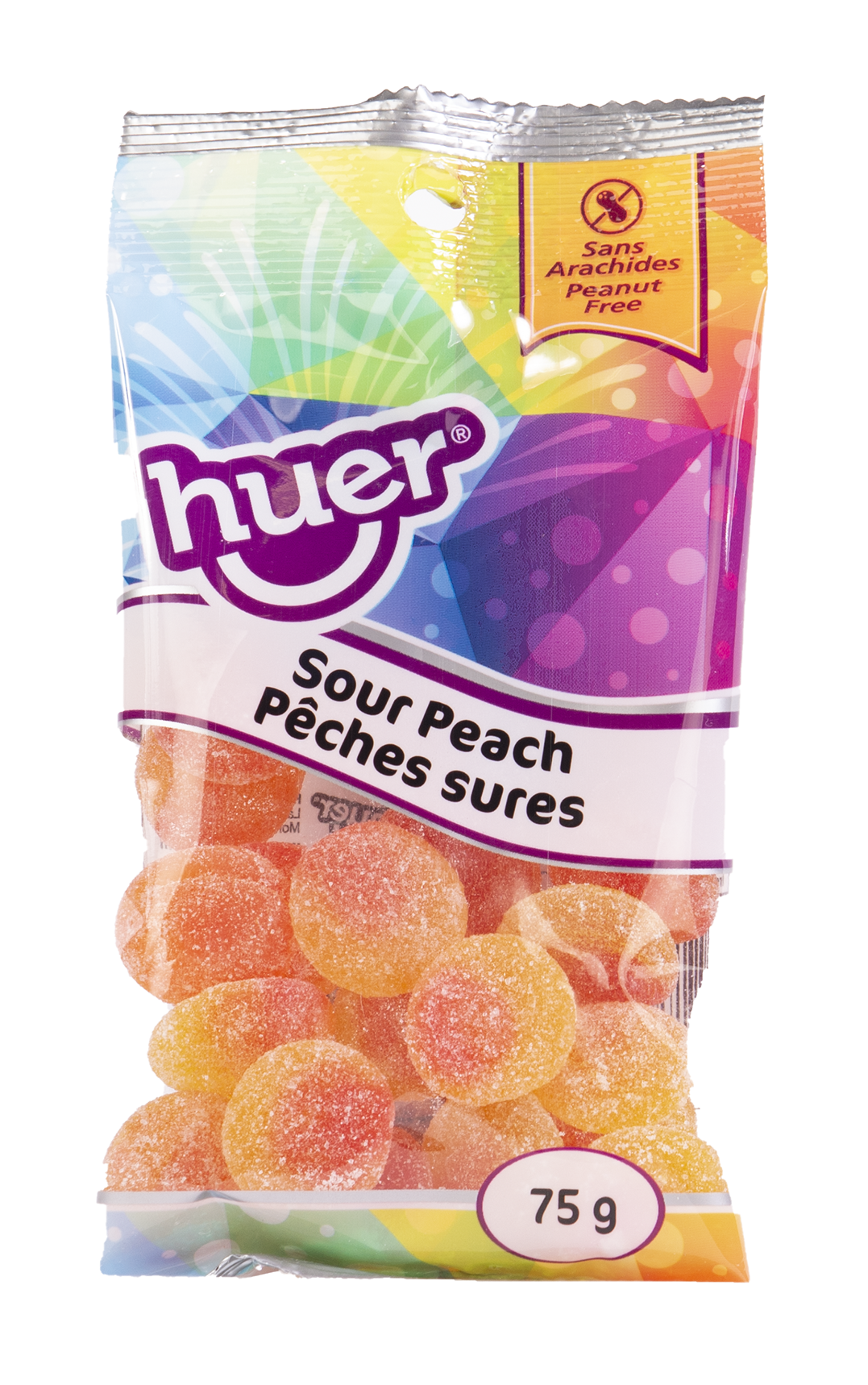 Huer Sour Peach Gummy Candy, 75g/2.6 oz., front of bag.