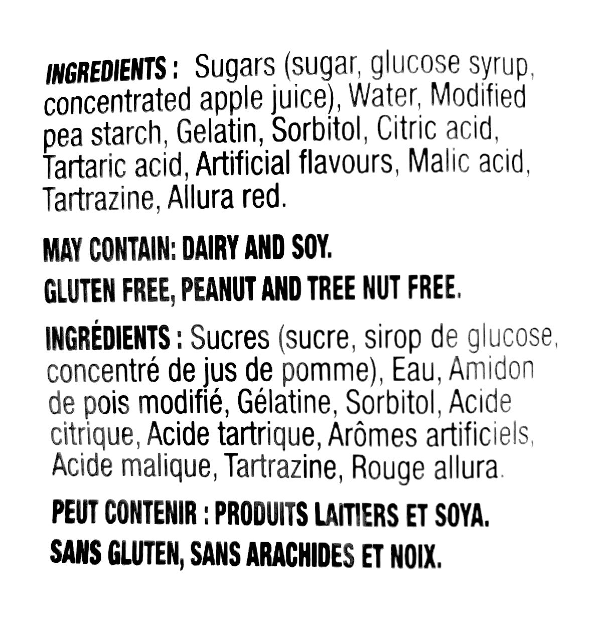 Huer Sour Peach Gummy Candy, 75g/2.6 oz., ingredients label.
