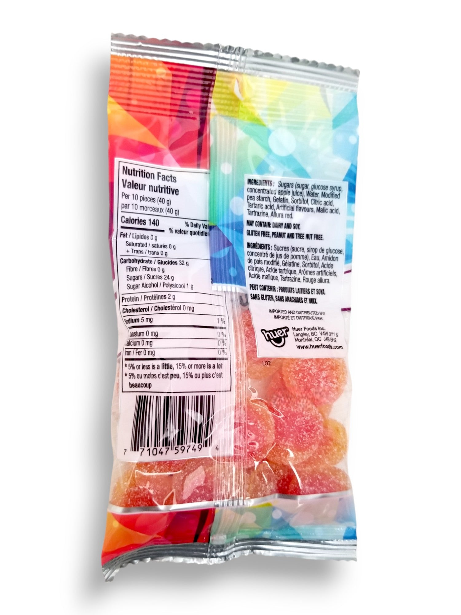 Huer Sour Peach Gummy Candy, 75g/2.6 oz., back of bag with upc.