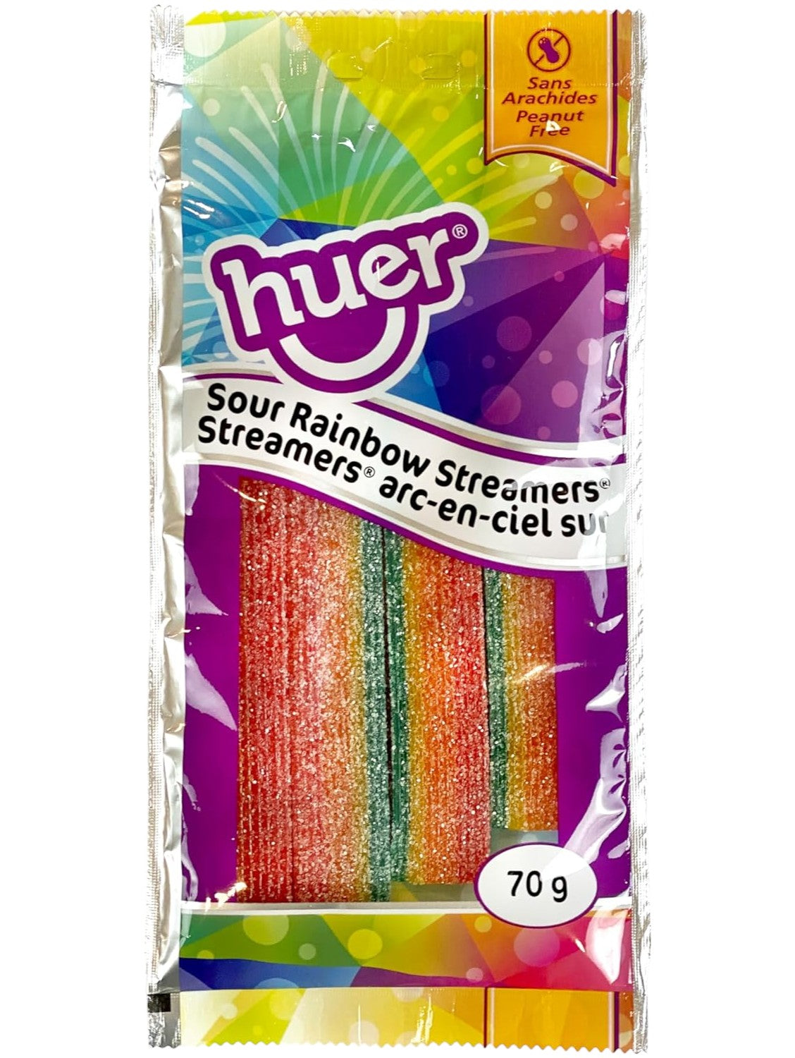 Huer Sour Rainbow Steamers Gummy Candy, 70g/2.5 oz., front of bag.