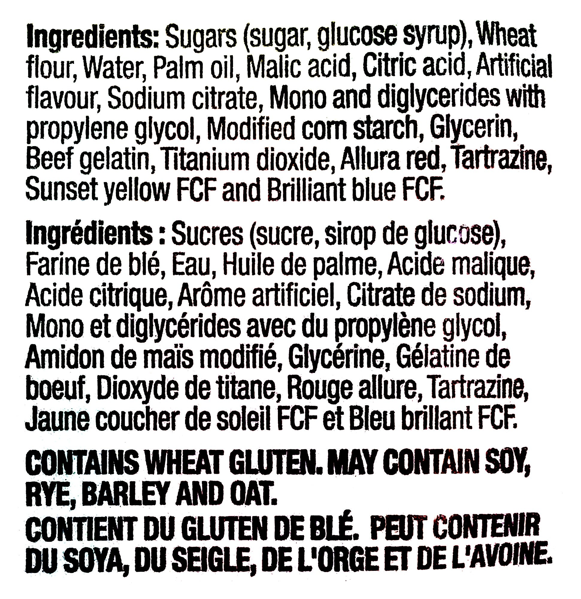 Huer Sour Rainbow Steamers Gummy Candy, 70g/2.5 oz., ingredients label.