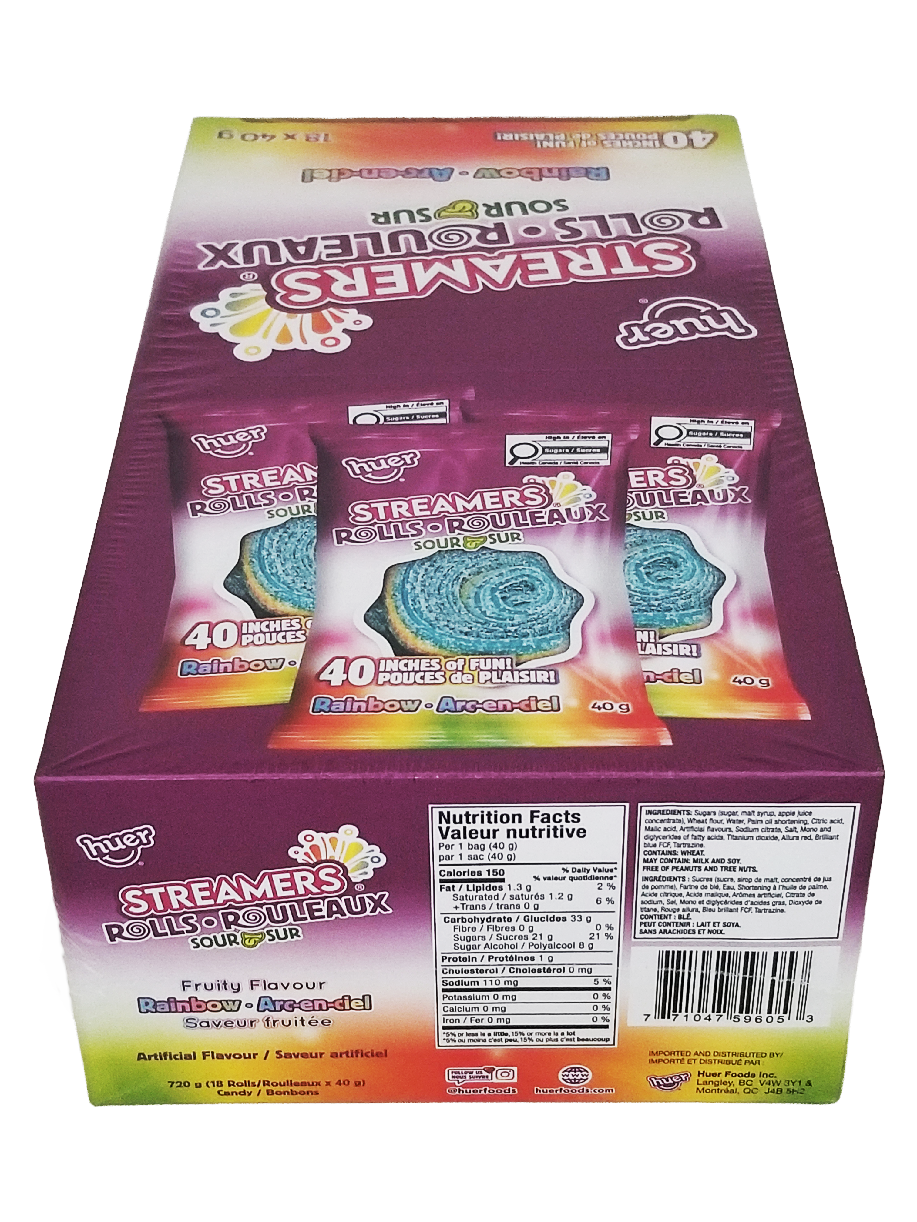 Box of Huer Sour Rainbow Steamers Rolls Gummy Candy, 18x40g/1.4 oz with colorful packaging on a white background