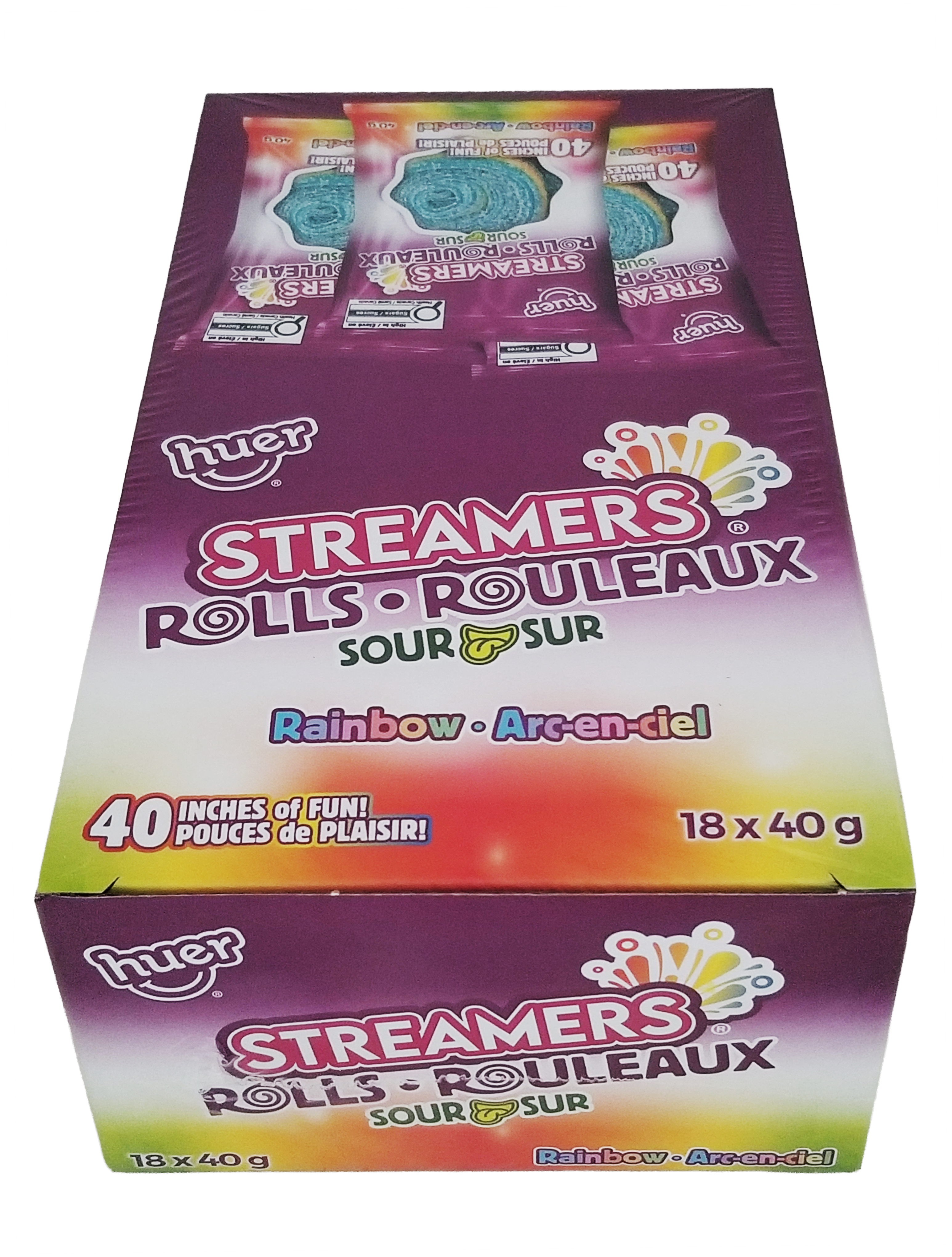 Box of Huer Streamers Rolls with colorful design on a white background