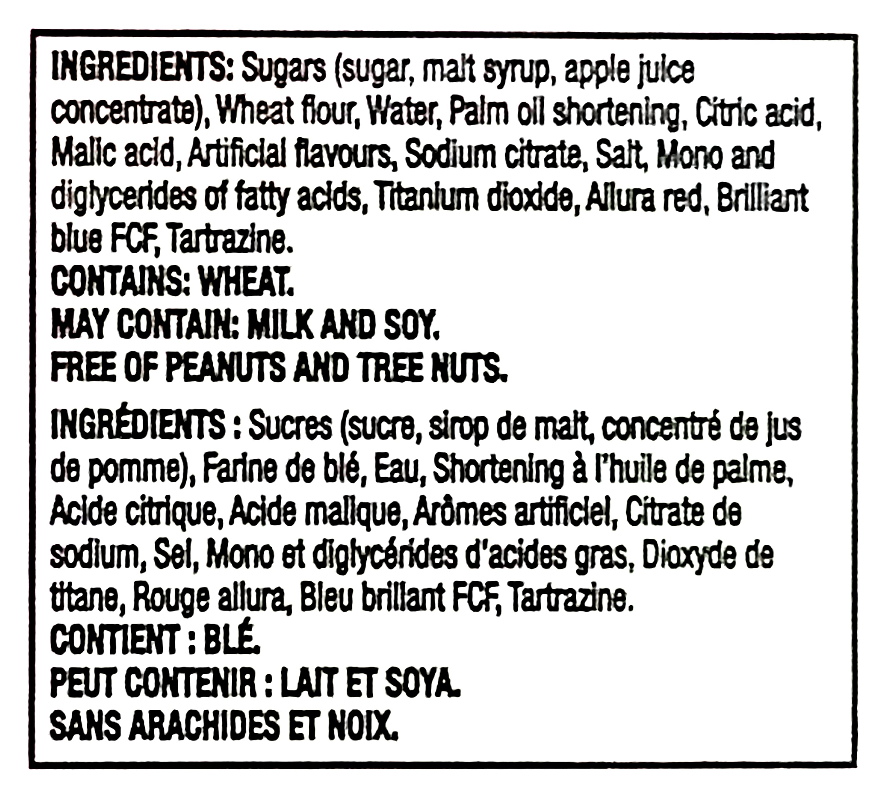 Ingredients list for Huer Sour Rainbow Steamers Rolls Gummy Candy, 18x40g/1.4 oz with black text on a white background