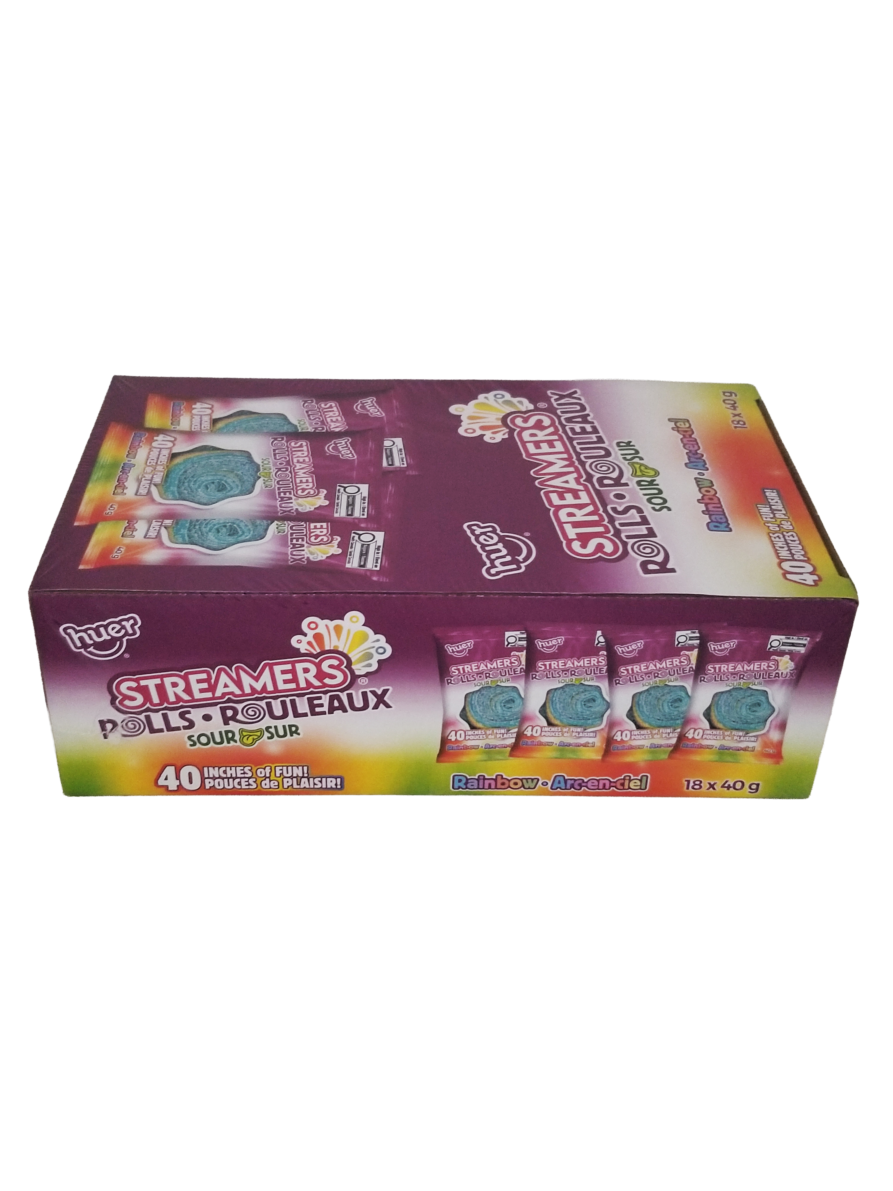Box of Huer Sour Rainbow Steamers Rolls Gummy Candy, 18x40g/1.4 oz with a white background