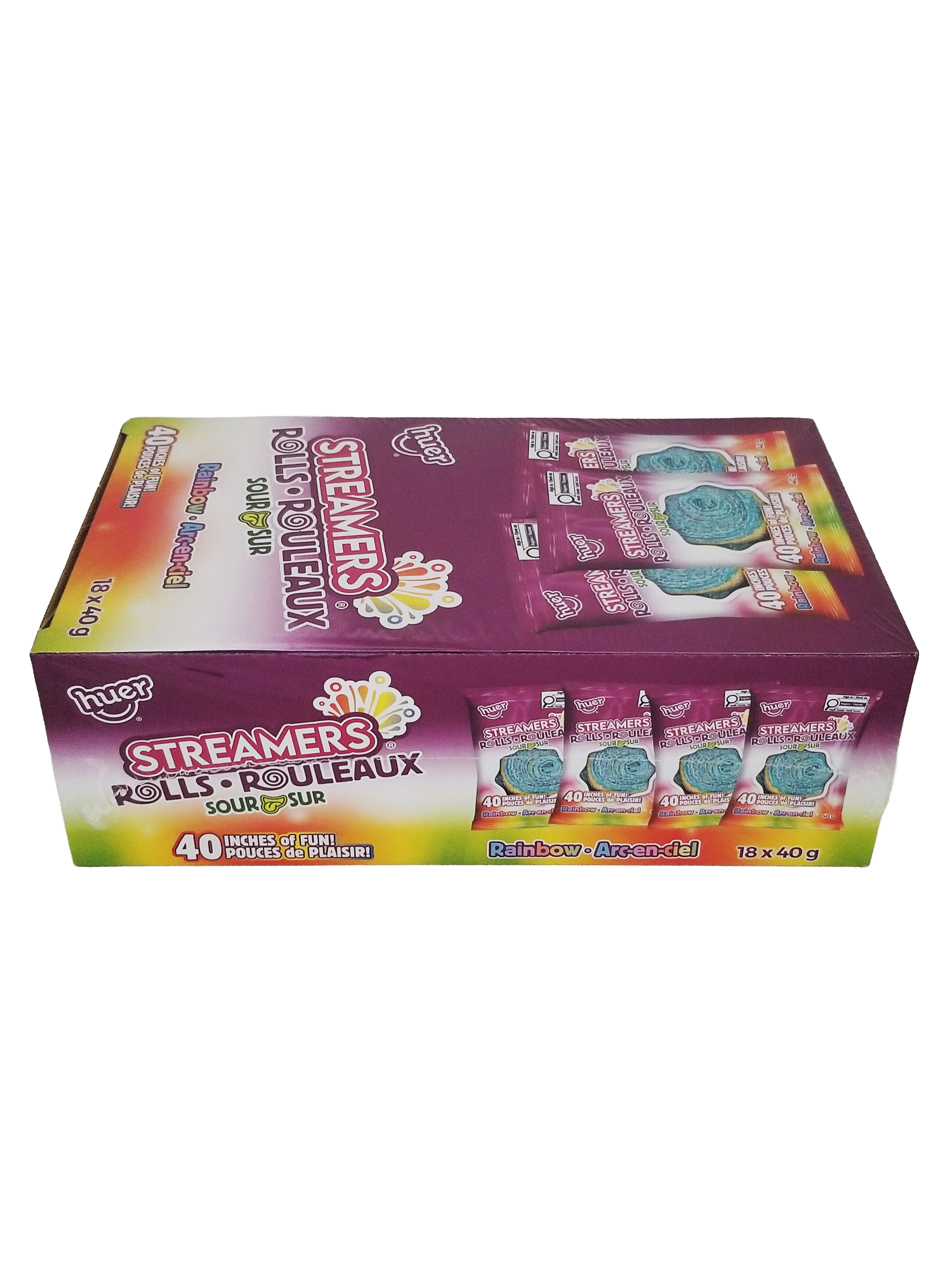 Box of Huer Sour Rainbow Steamers Rolls Gummy Candy, 18x40g/1.4 oz on a white background