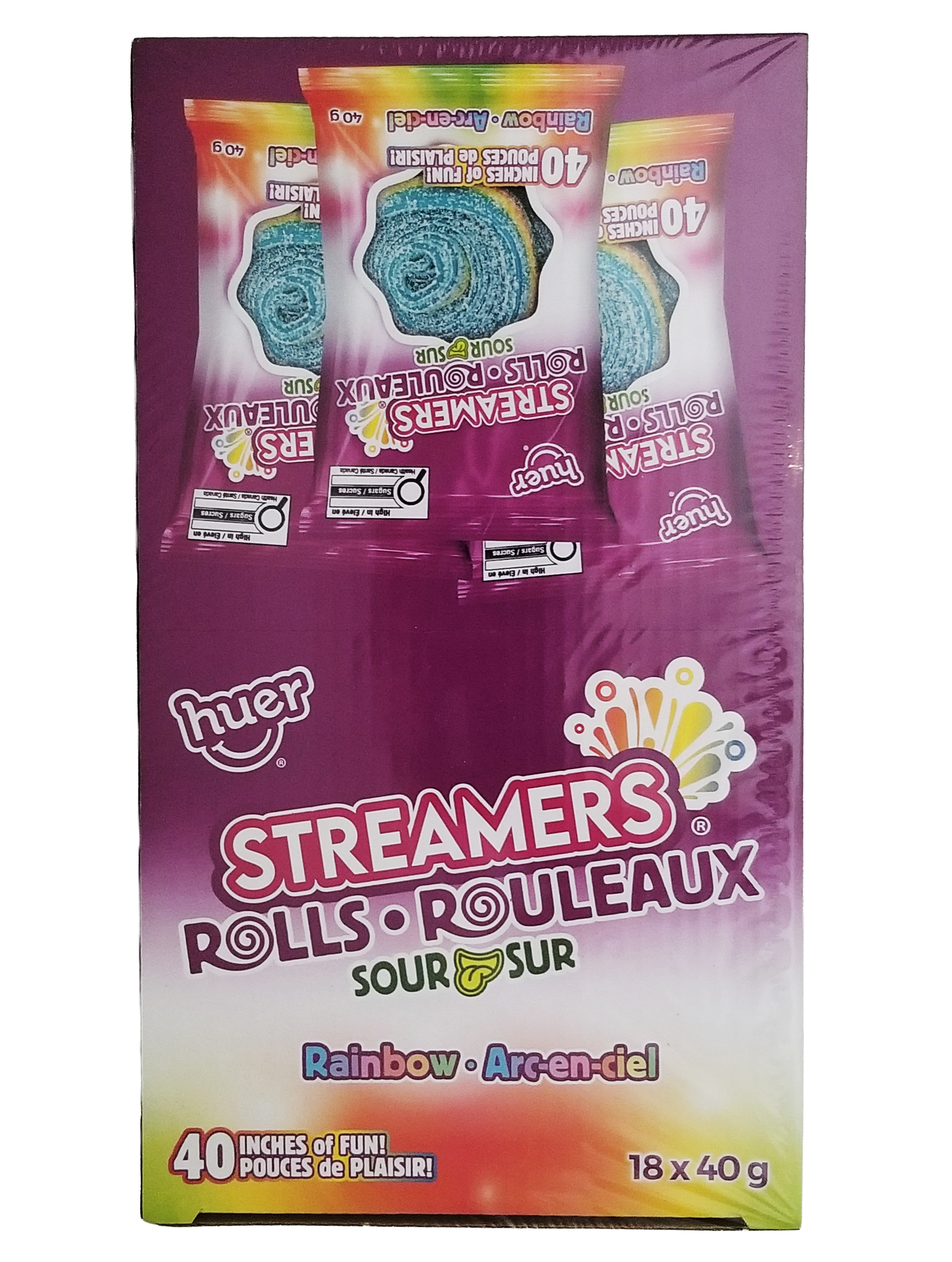 Packaging of Streamers sour candy rolls with colorful design on a white background