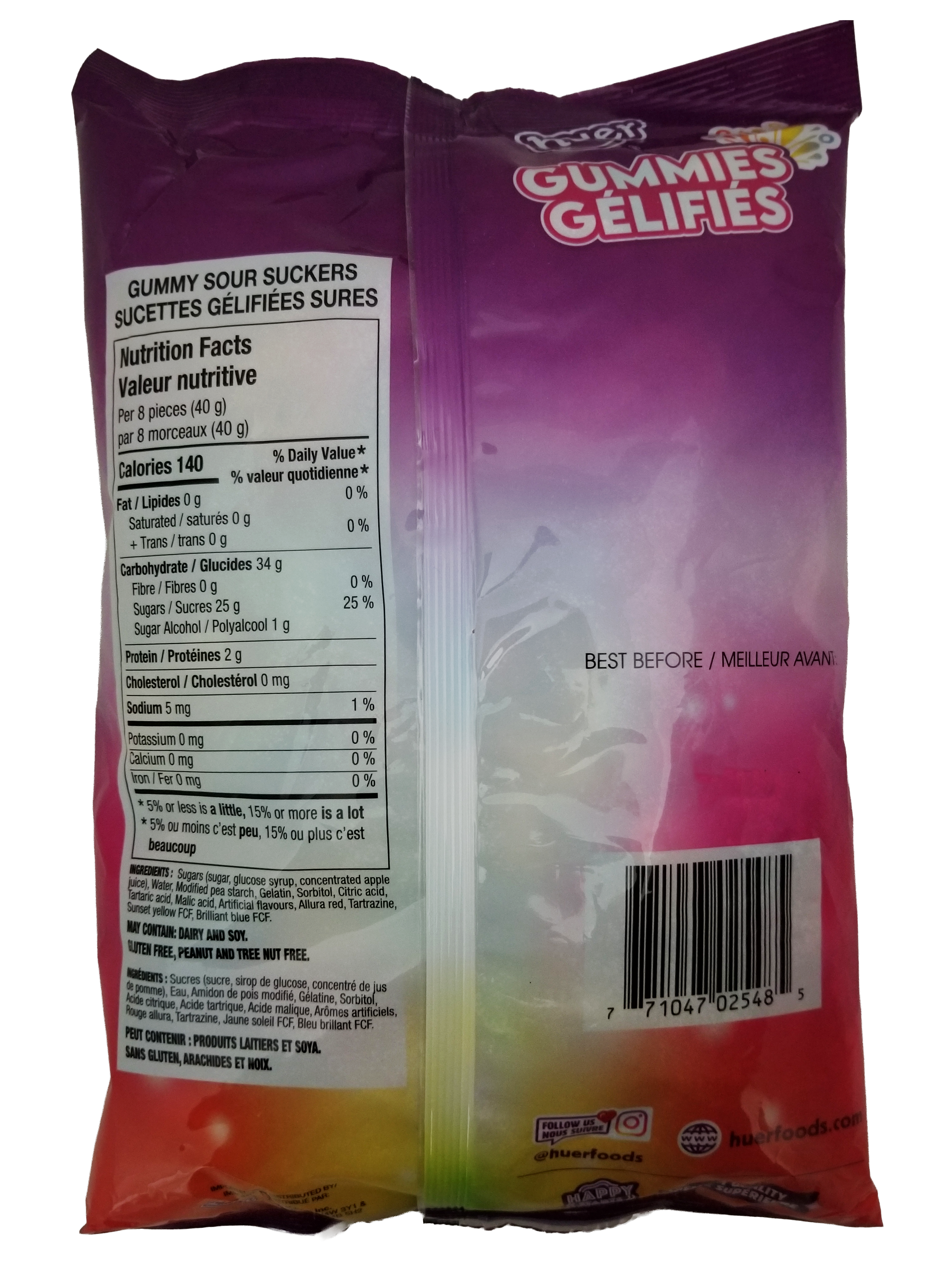 Back of Huer Sour Suckers Gummy Candy, Peanut Free Fruity Candy, 1kg/2.2 lb