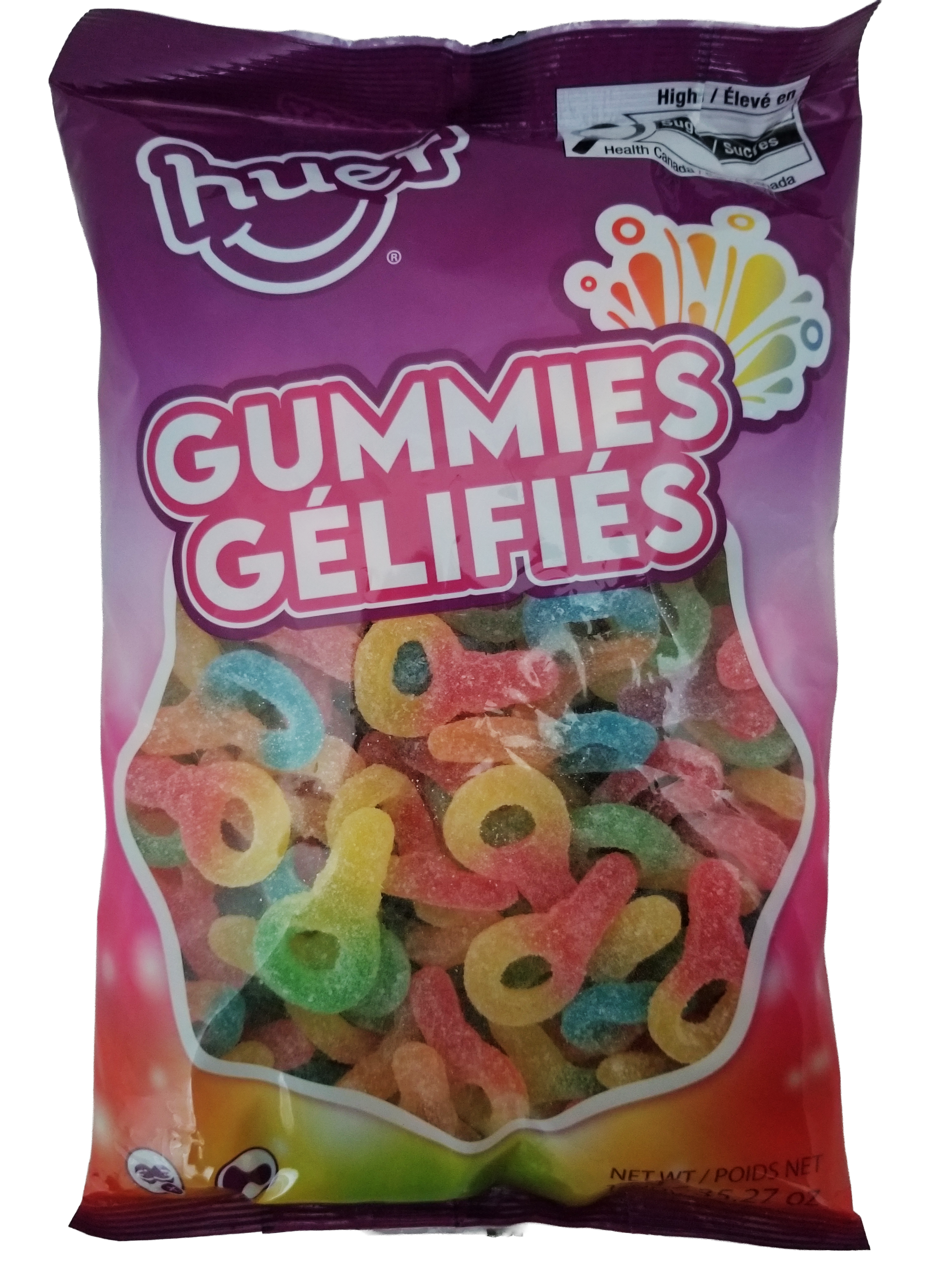 Bag of Huer Sour Suckers Gummy Candy, Peanut Free Fruity Candy, 1kg/2.2 lb with a white background