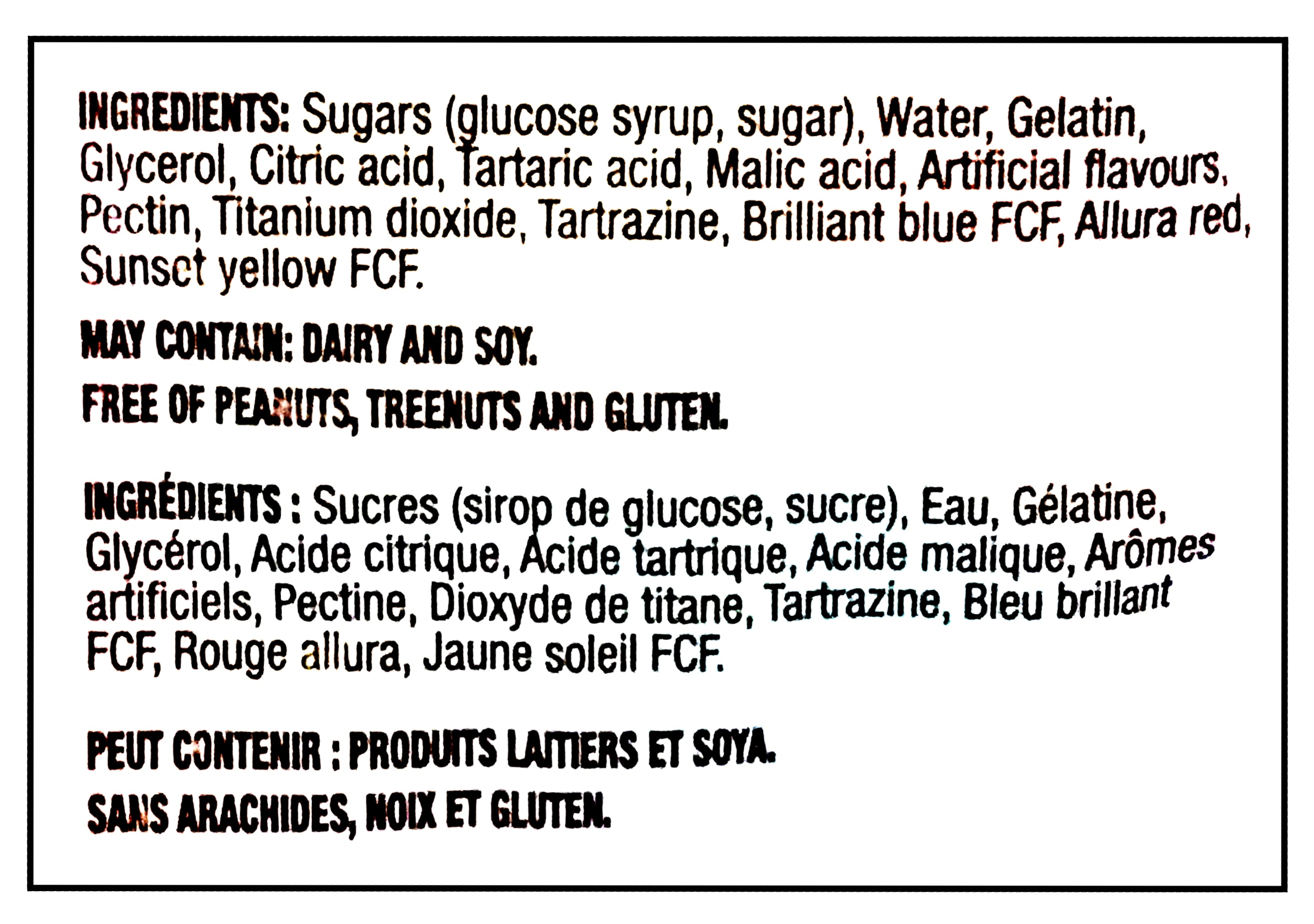 Huer Sour Triple Starfish Gummies, 1kg/2.2 lb. - Ingredients Label