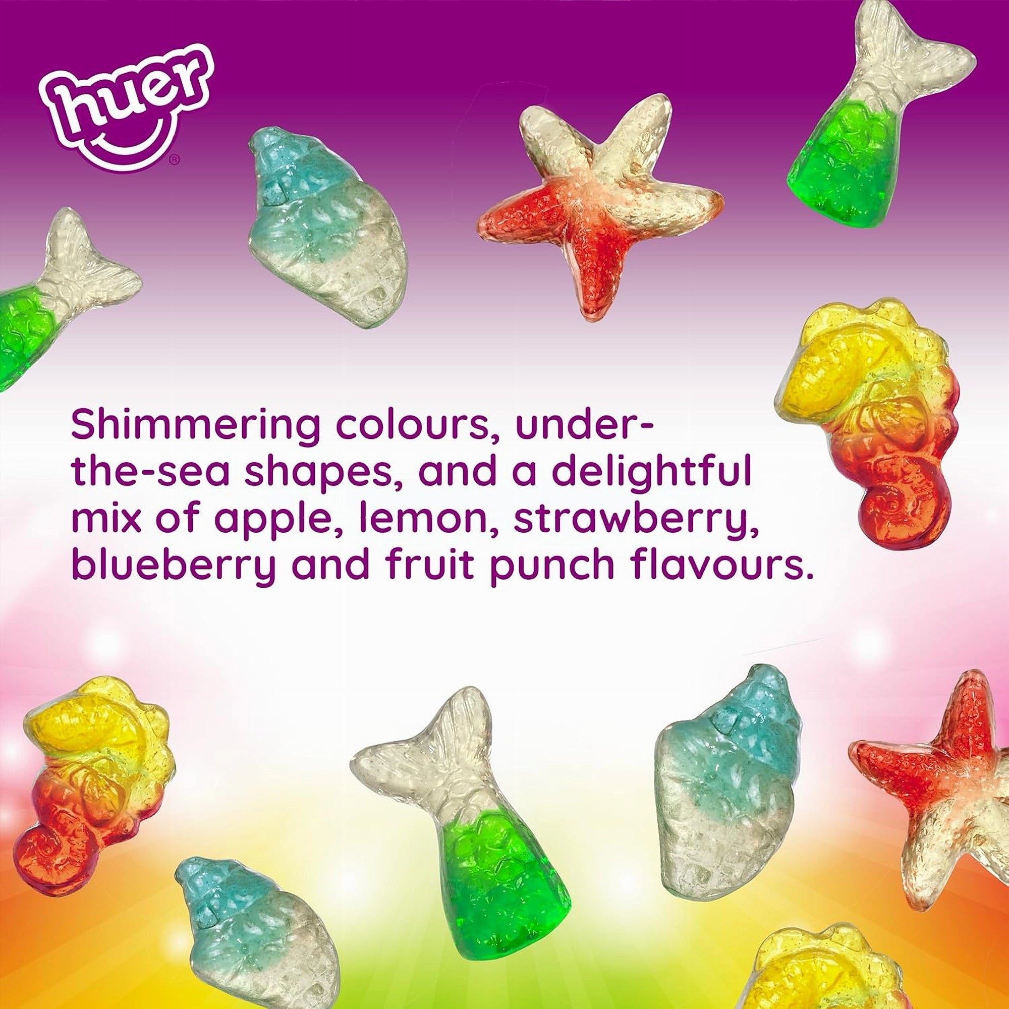Colorful gummy candies with under-the-sea shapes on a gradient background, featuring the Huer brand.