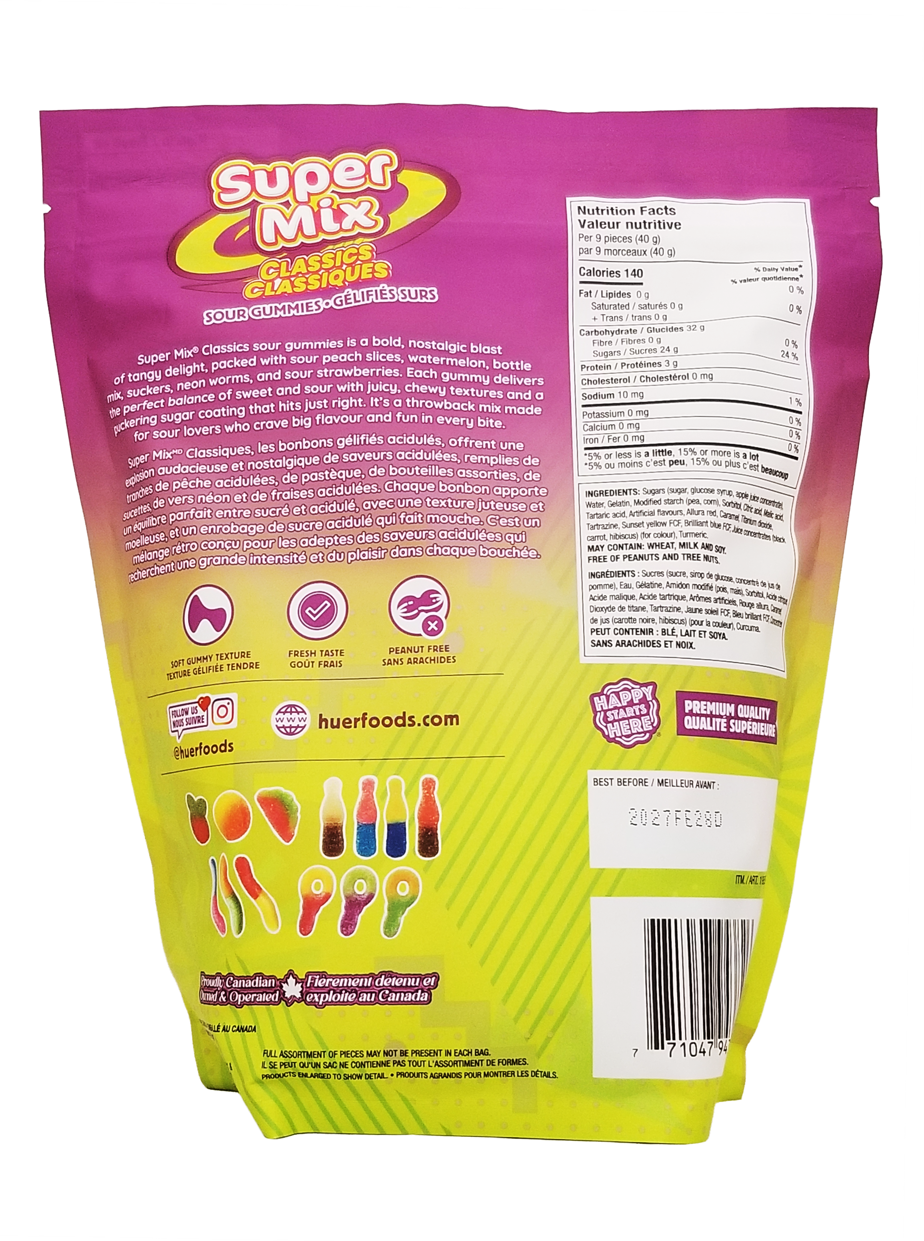 Back view of a Super Mix snack package with colorful design and text.