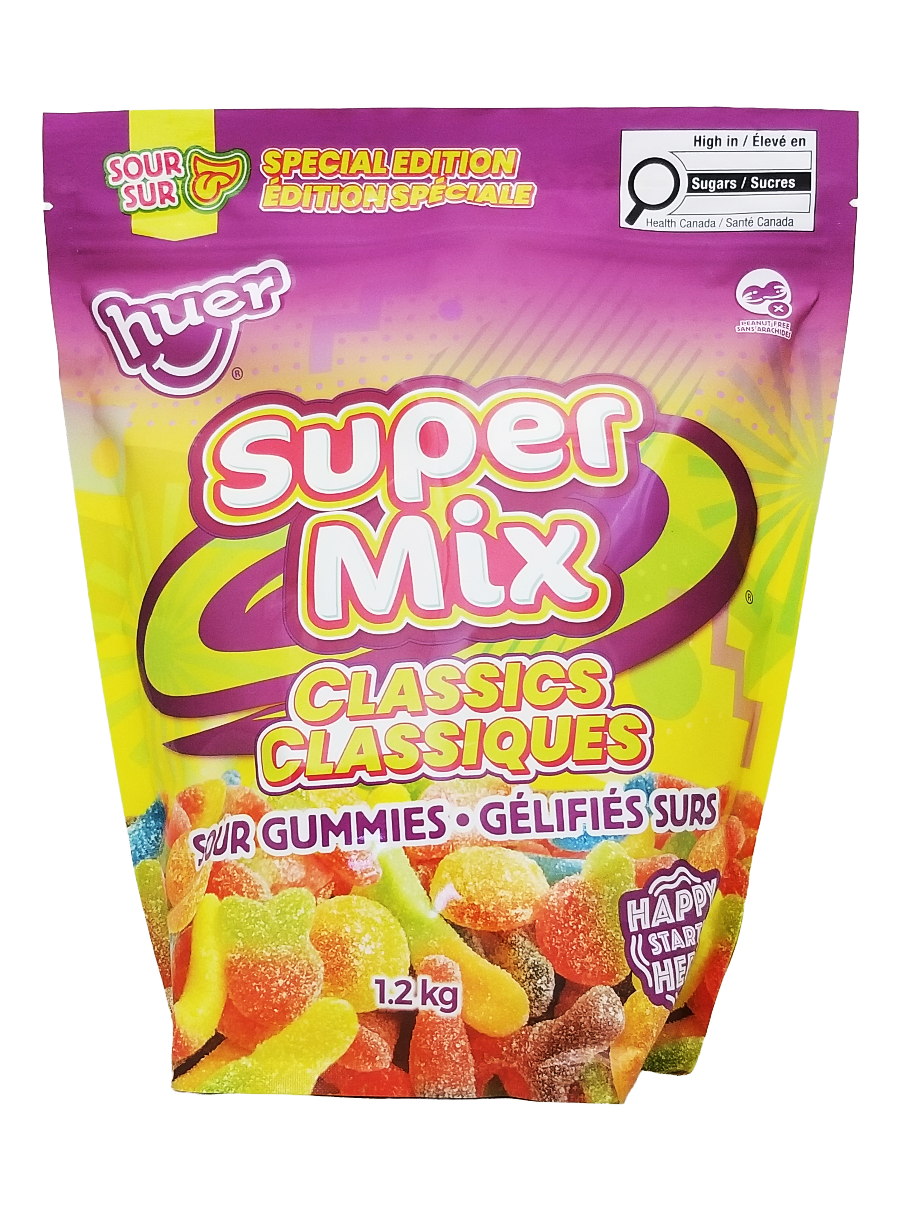 Packaging of Super Mix gummy candies with colorful design and text.