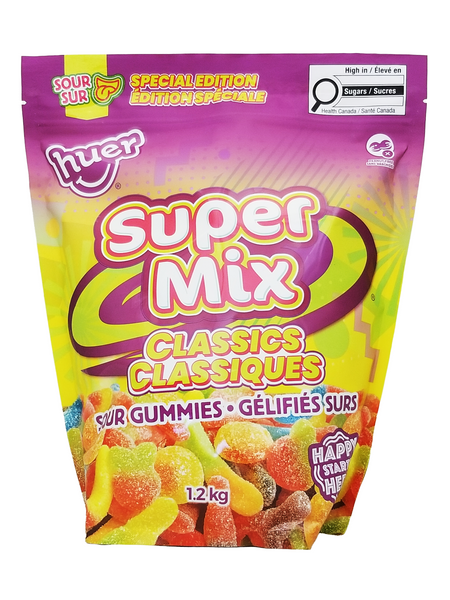 Packaging of Super Mix gummy candies with colorful design and text.