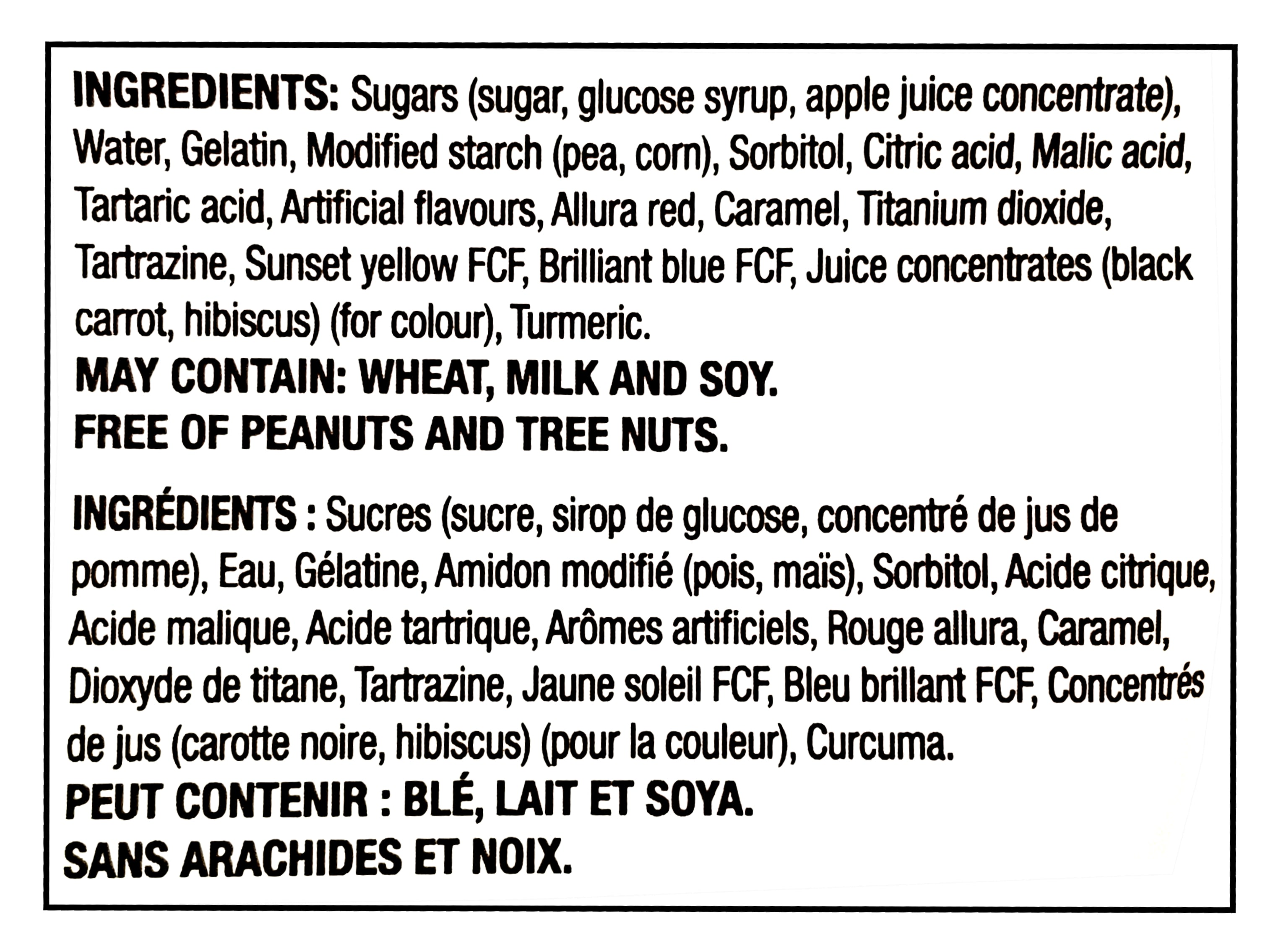 Ingredients list for Huer Super Mix Classics Sour Gummies with black text on a white background
