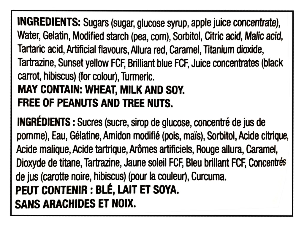 Ingredients list for Huer Super Mix Classics Sour Gummies with black text on a white background