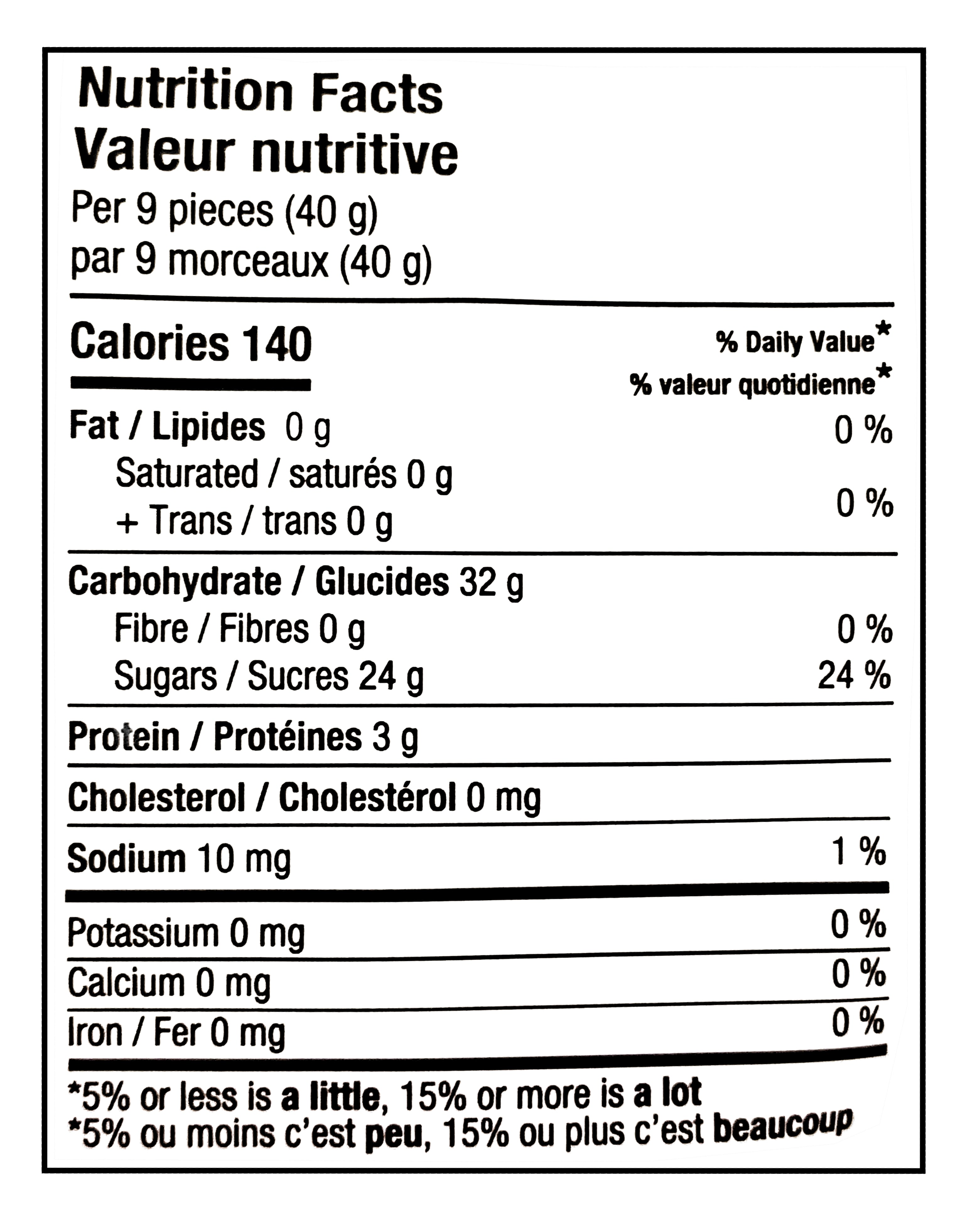 Nutrition facts label for Huer Super Mix Classics Sour Gummies with specific calorie count, macronutrient breakdown, and dietary information.
