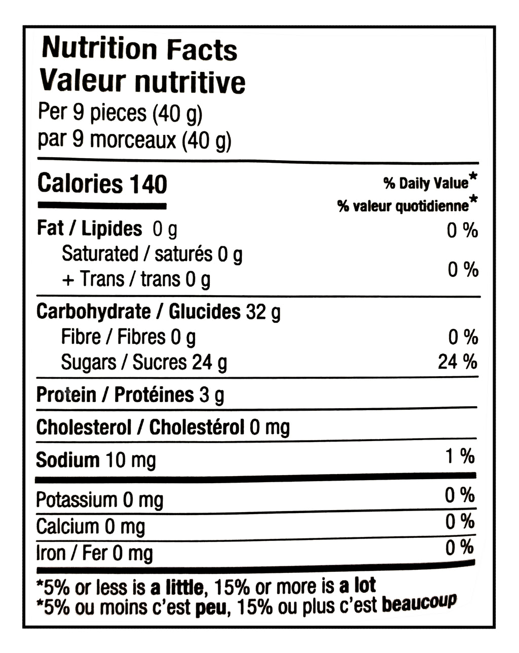 Nutrition facts label for Huer Super Mix Classics Sour Gummies with specific calorie count, macronutrient breakdown, and dietary information.