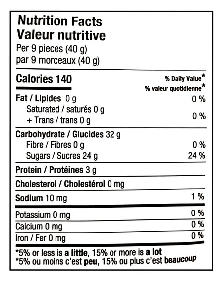 Nutrition facts label for Huer Super Mix Classics Sour Gummies with specific calorie count, macronutrient breakdown, and dietary information.