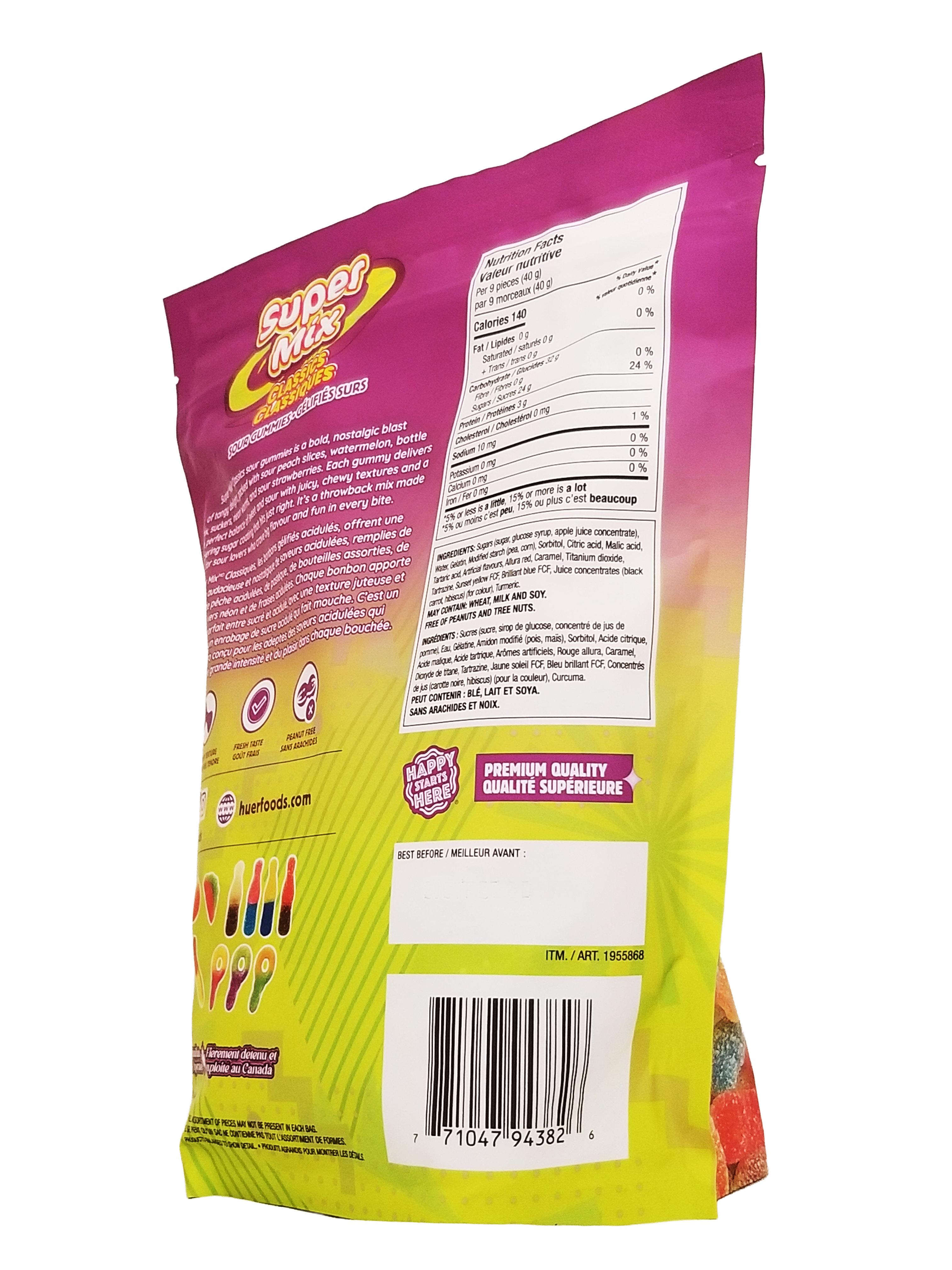 Back view of Huer Super Mix Classics Sour Gummies with branding and text.