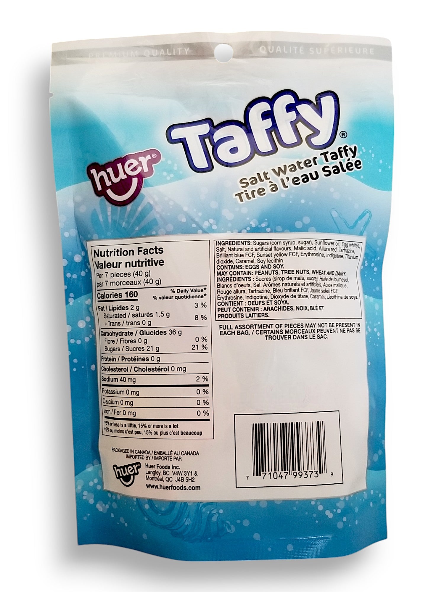 Huer Salt Water Taffy, Assorted Flavors, 150g/5.3 oz. Bag, back of bag