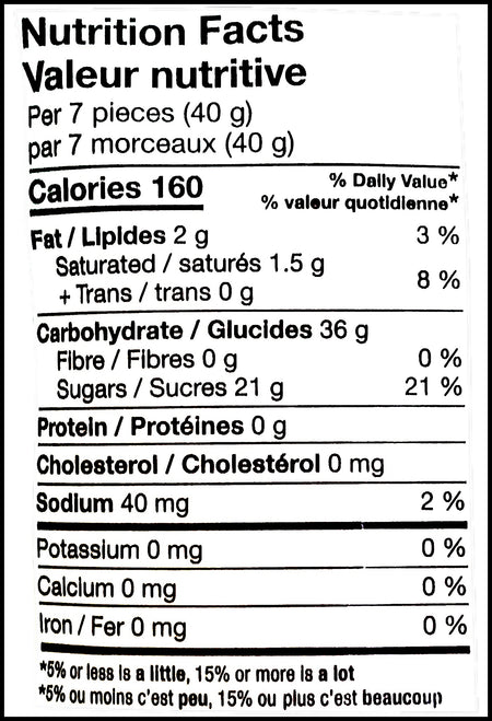 Huer Salt Water Taffy, Assorted Flavors, 150g/5.3 oz. Bag, nutrition facts label