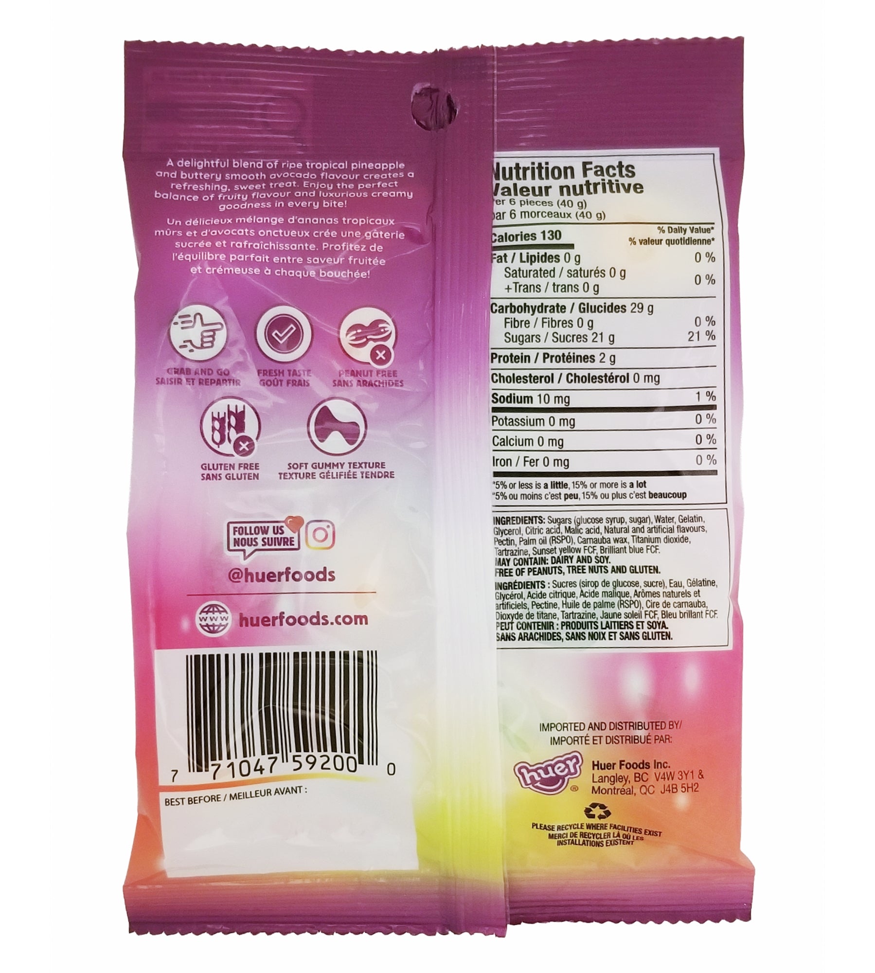 Back view of a Huer Tropical Avocado Gummies 120g snack package with nutritional information and branding.