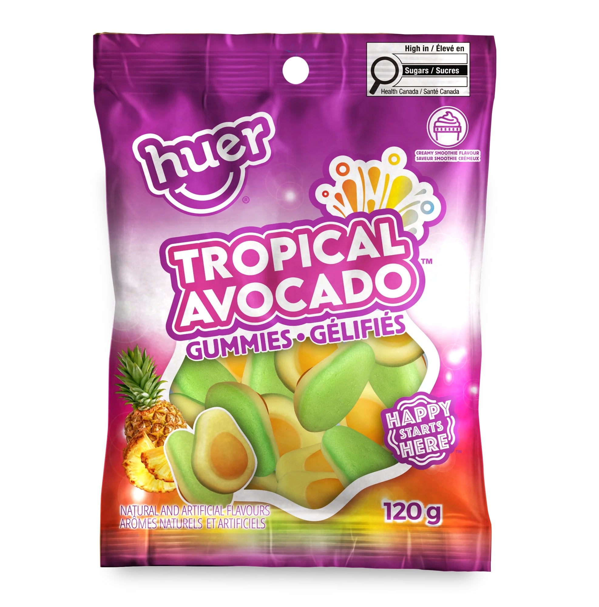 Huer Tropical Avocado gummies 120g package on a white background