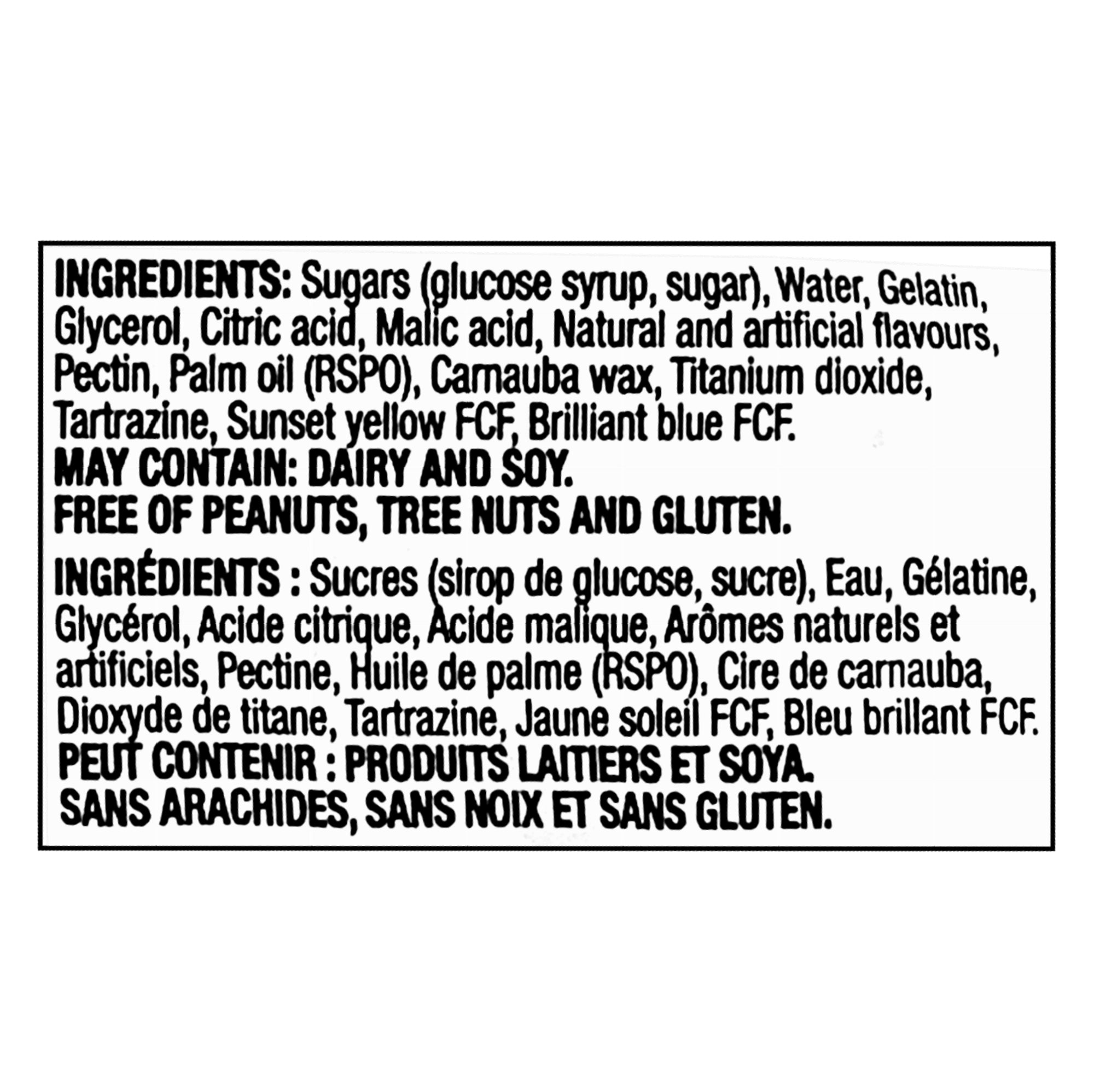 Ingredients label for Huer Tropical Avocado Gummies 120g with black text on a white background