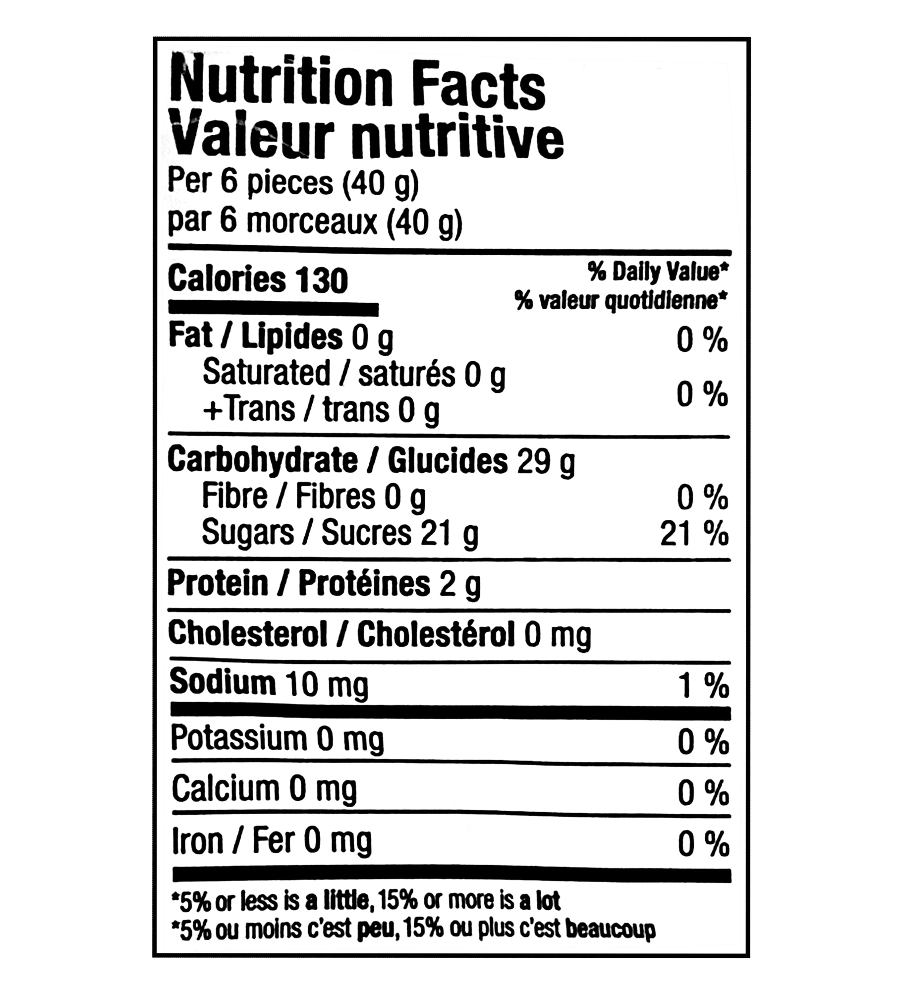 Nutrition facts label for Huer Tropical Avocado Gummies 120g with specific calorie count, macronutrient breakdown, and dietary information.