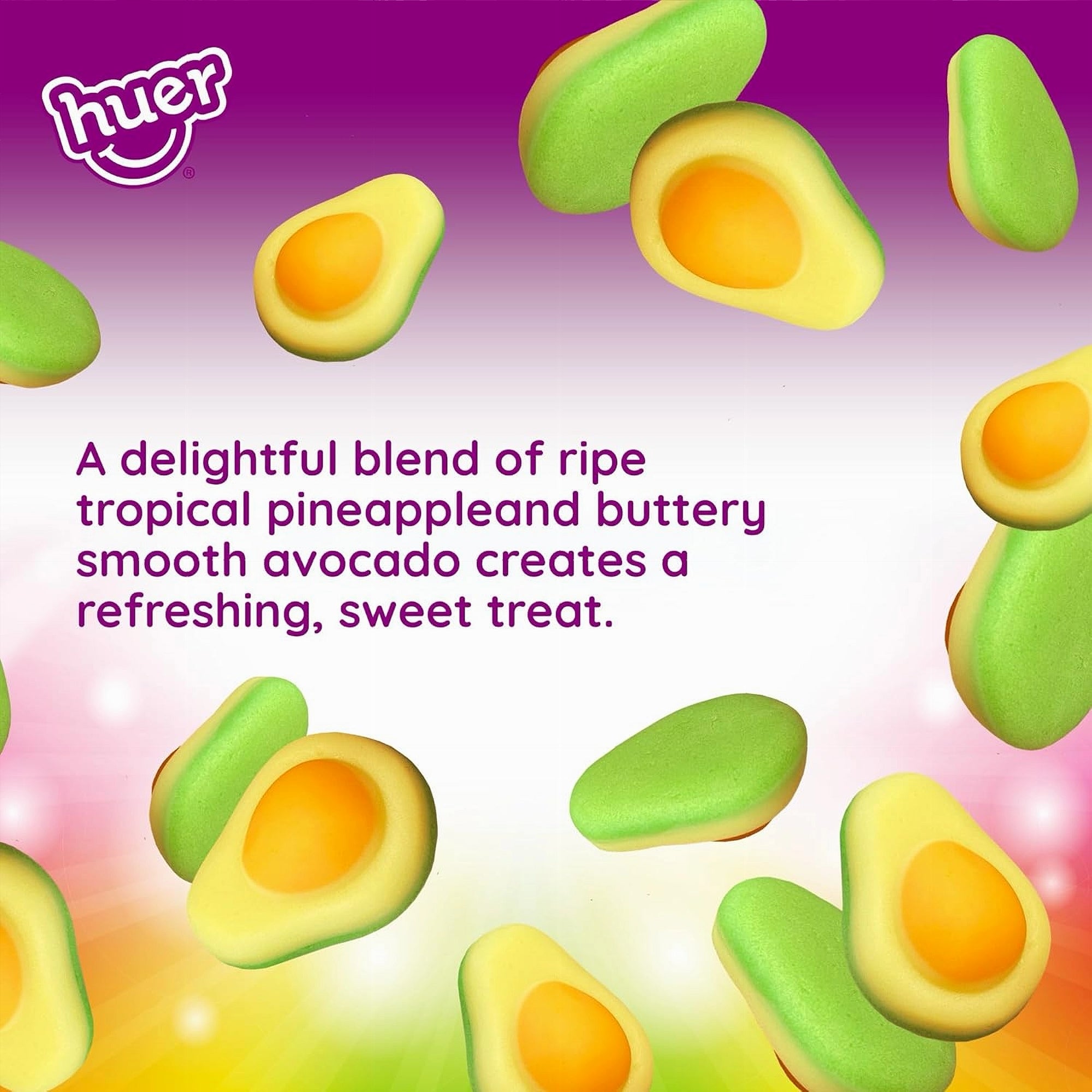 Avocado-shaped candies with pineapple centers on a colorful background, featuring the brand 'huer'.