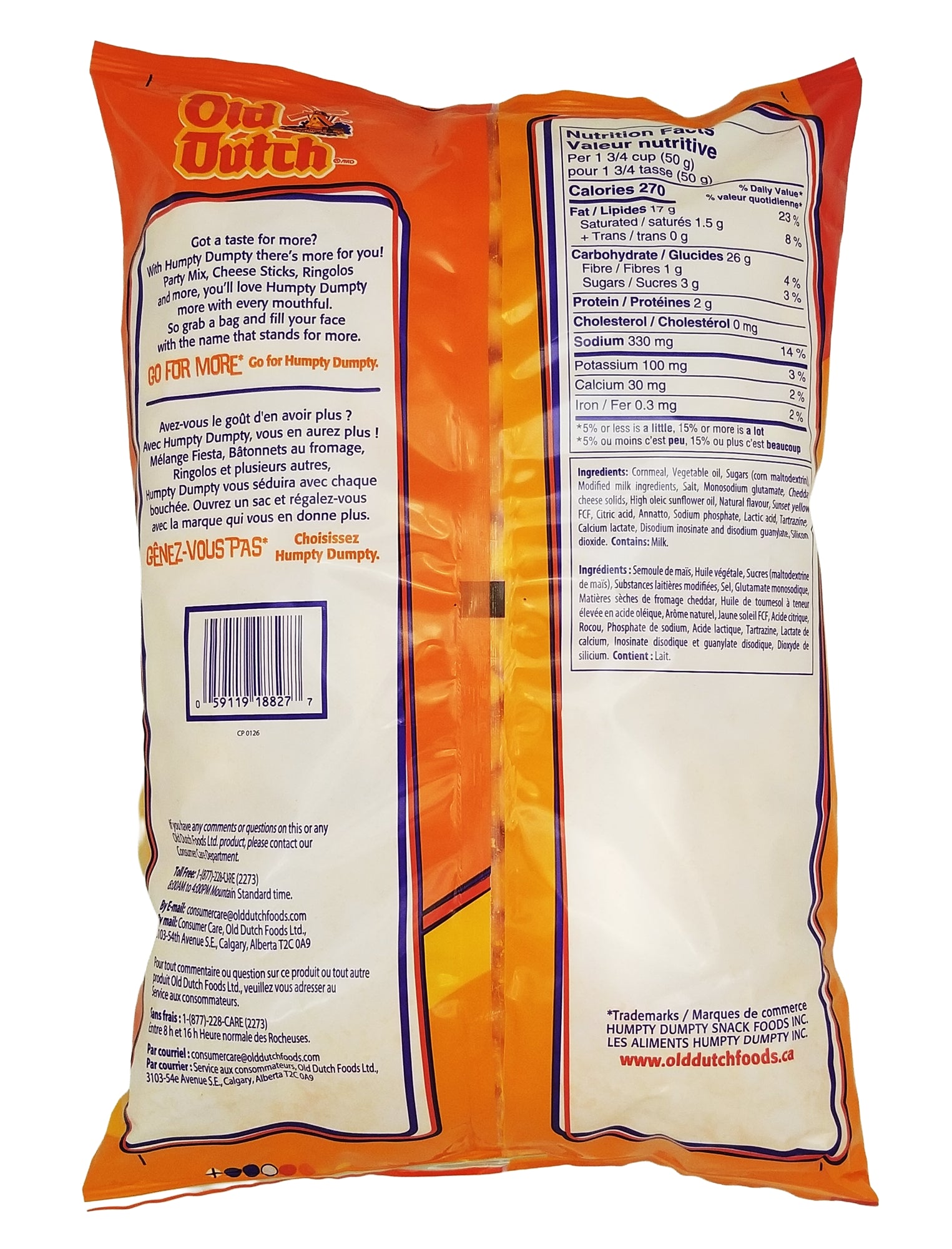 Back view of a Humpty Dumpty Cheese Sticks 560g package with nutritional information and ingredients listed.