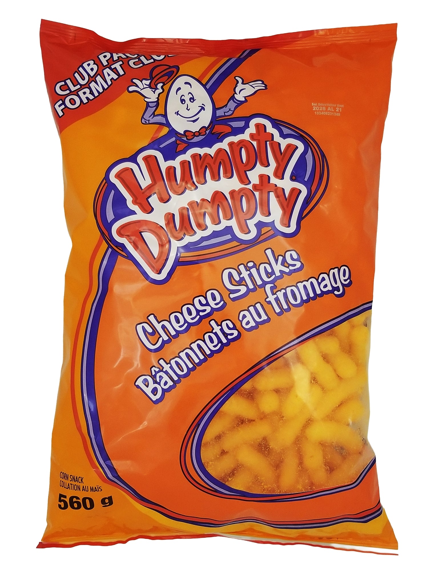 Orange 560g package of Humpty Dumpty Cheese Sticks with character on a white background