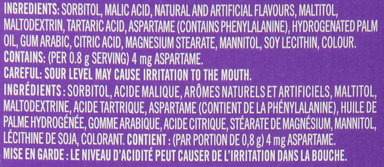  Ice Breakers Sours, Mints, Strawberry, Berry Splash, Cherry, 6ct Ingredients Label