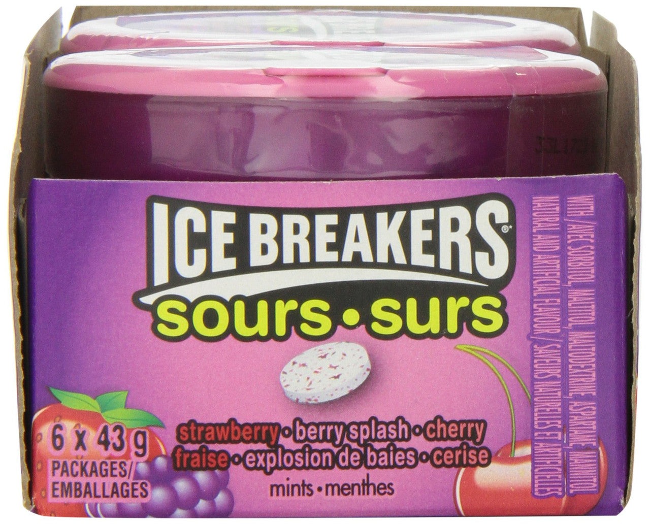 Ice Breakers Sours, Mints, Strawberry, Berry Splash, Cherry, 6ct package Front side