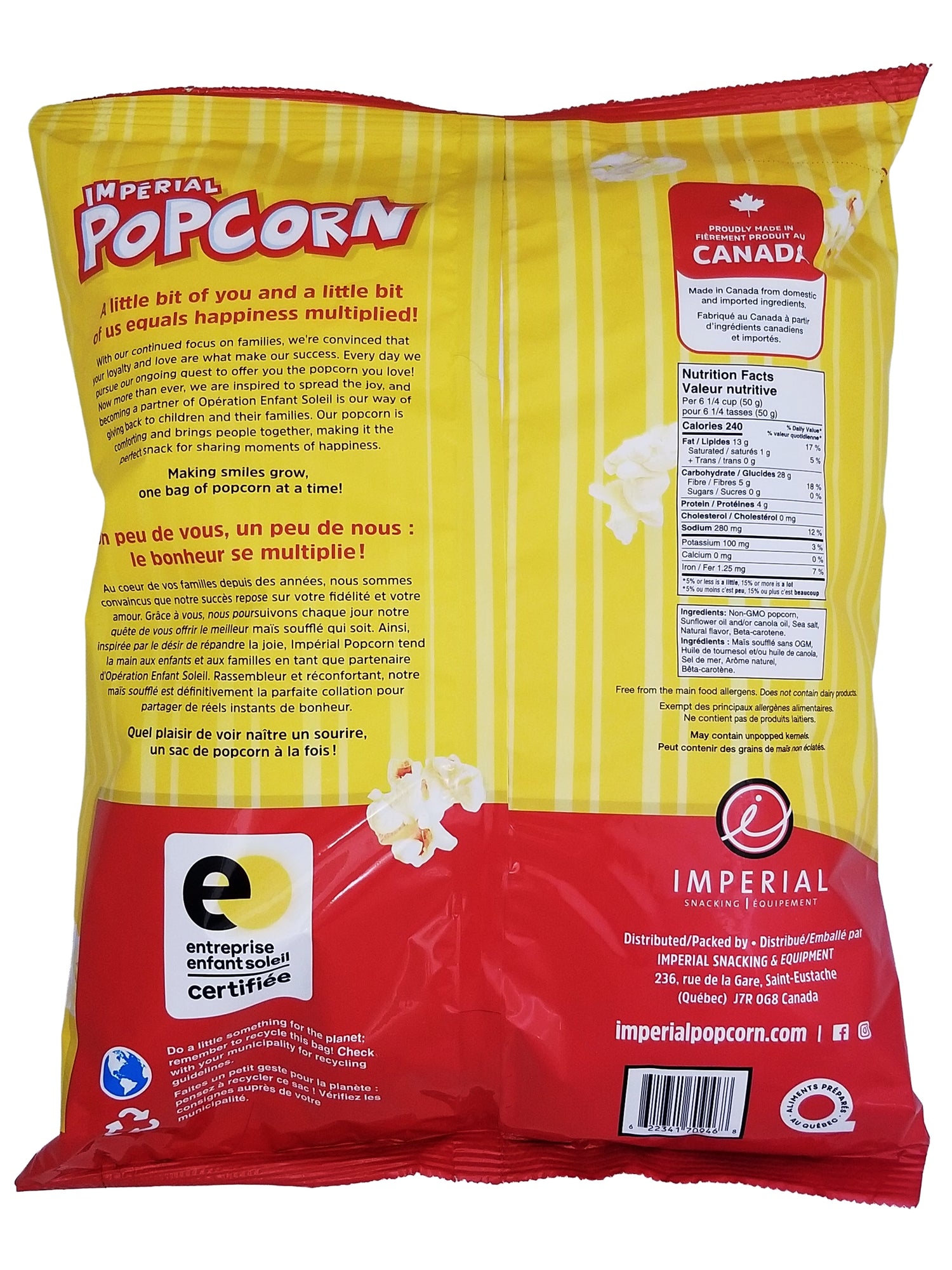 Back view of a yellow and red Imperial Popcorn 300g bag with text and branding.