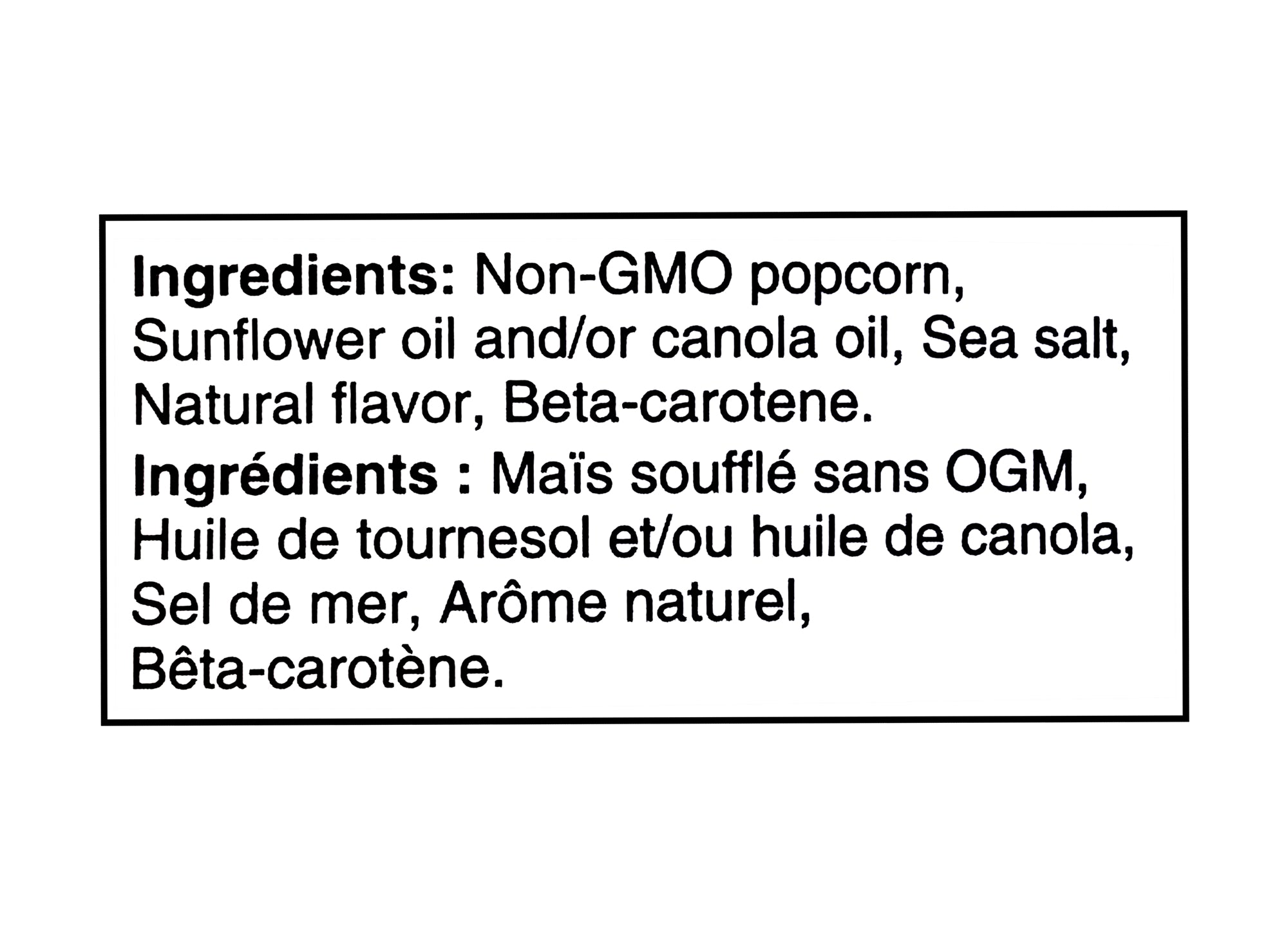 List of ingredients for non-GMO Imperial Butter Flavor Movie Popcorn 300g with translations in French.