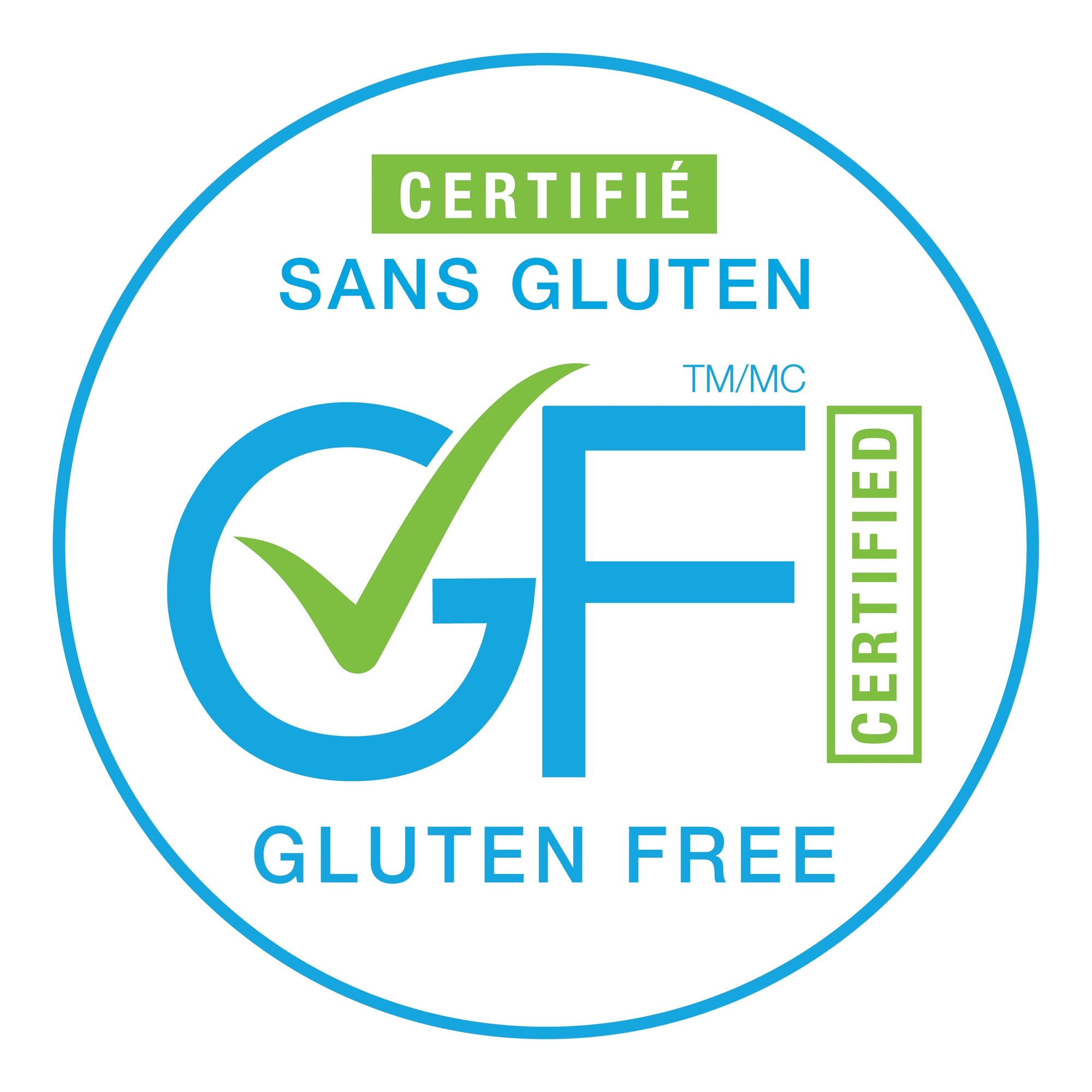 Certified gluten-free logo with green check mark and blue 'GF' letters on a white background.