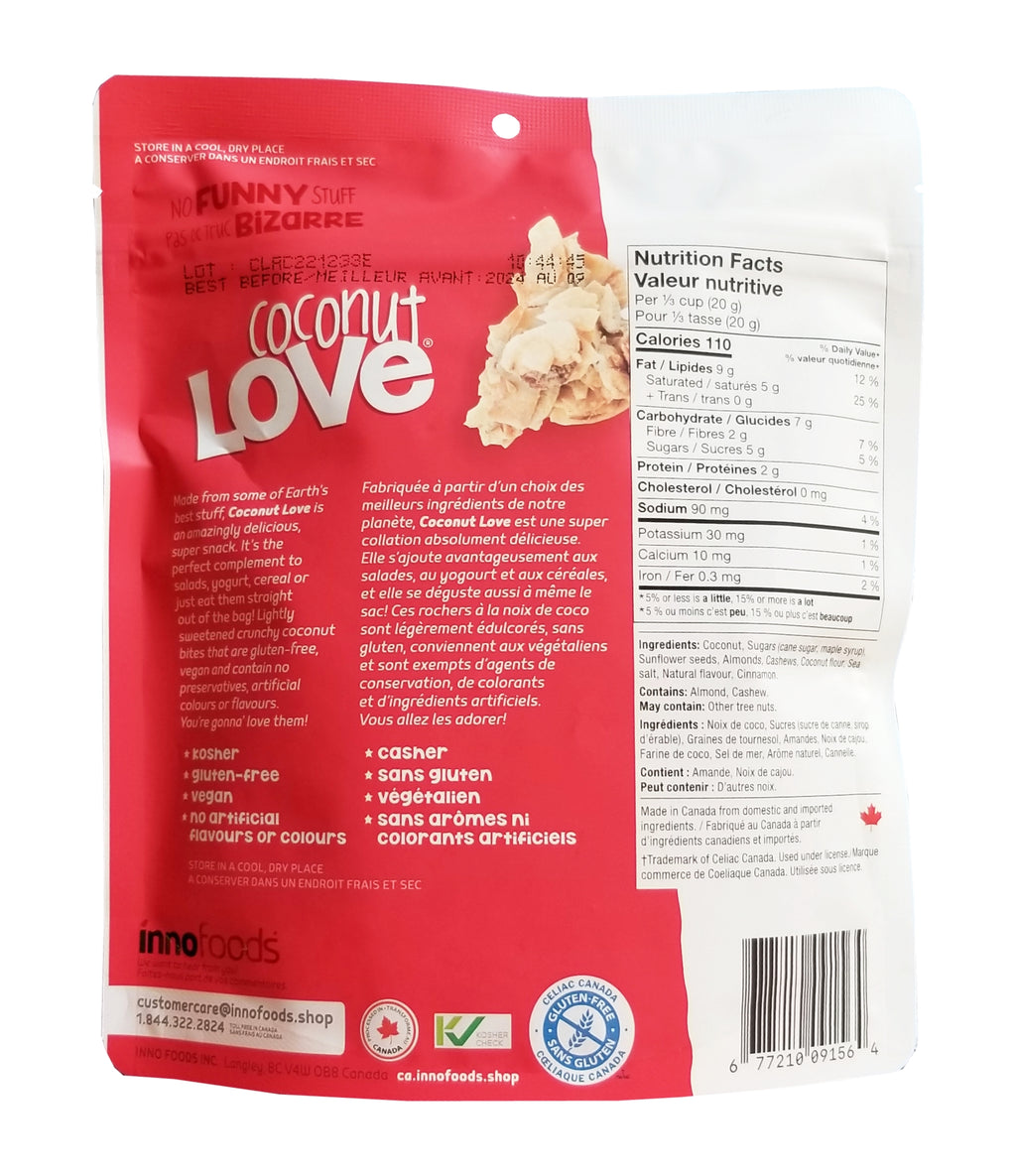 Innofoods Coconut Love, Crunchy Coconut Bites with Almonds, Cashews & Maple Syrup, 150g/5.25 oz. Bag, {Imported from Canada}