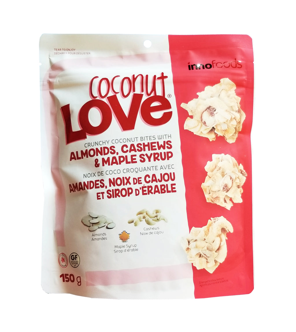 Innofoods Coconut Love, Crunchy Coconut Bites with Almonds, Cashews & Maple Syrup, 150g/5.25 oz. Bag, {Imported from Canada}