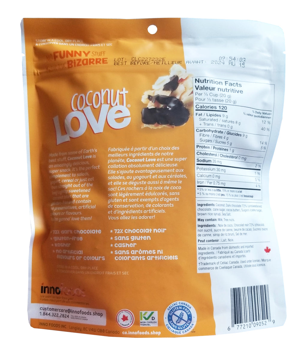 Innofoods Coconut Love, Crunchy Coconut Bites Dark Chocolate, 150g/5.25 oz. Bag, {Imported from Canada}