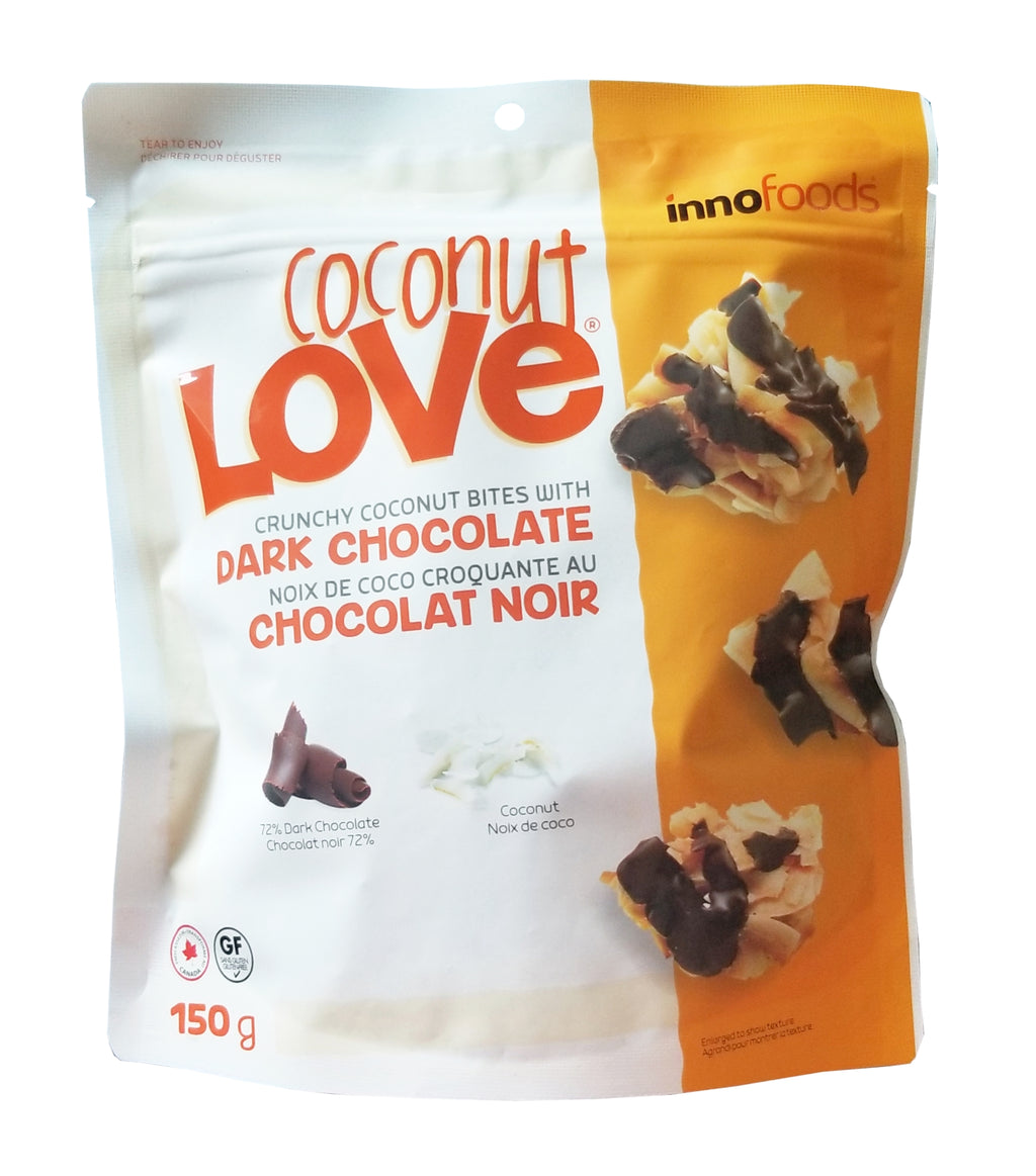 Innofoods Coconut Love, Crunchy Coconut Bites Dark Chocolate, 150g/5.25 oz. Bag, {Imported from Canada}