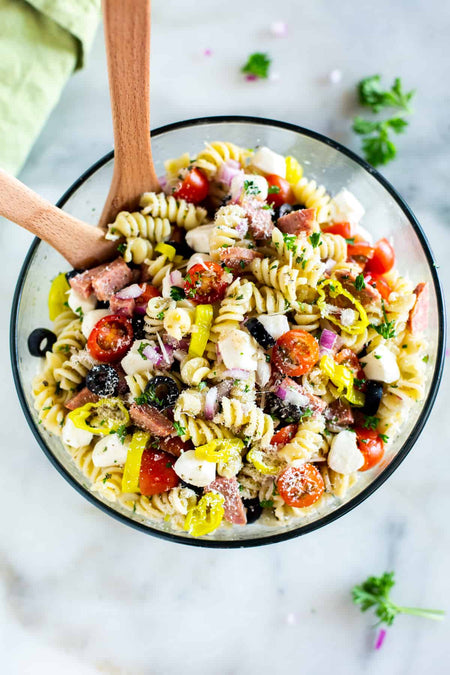 Pasta salad with Kraft Fat-Free Italian Salad Dressing