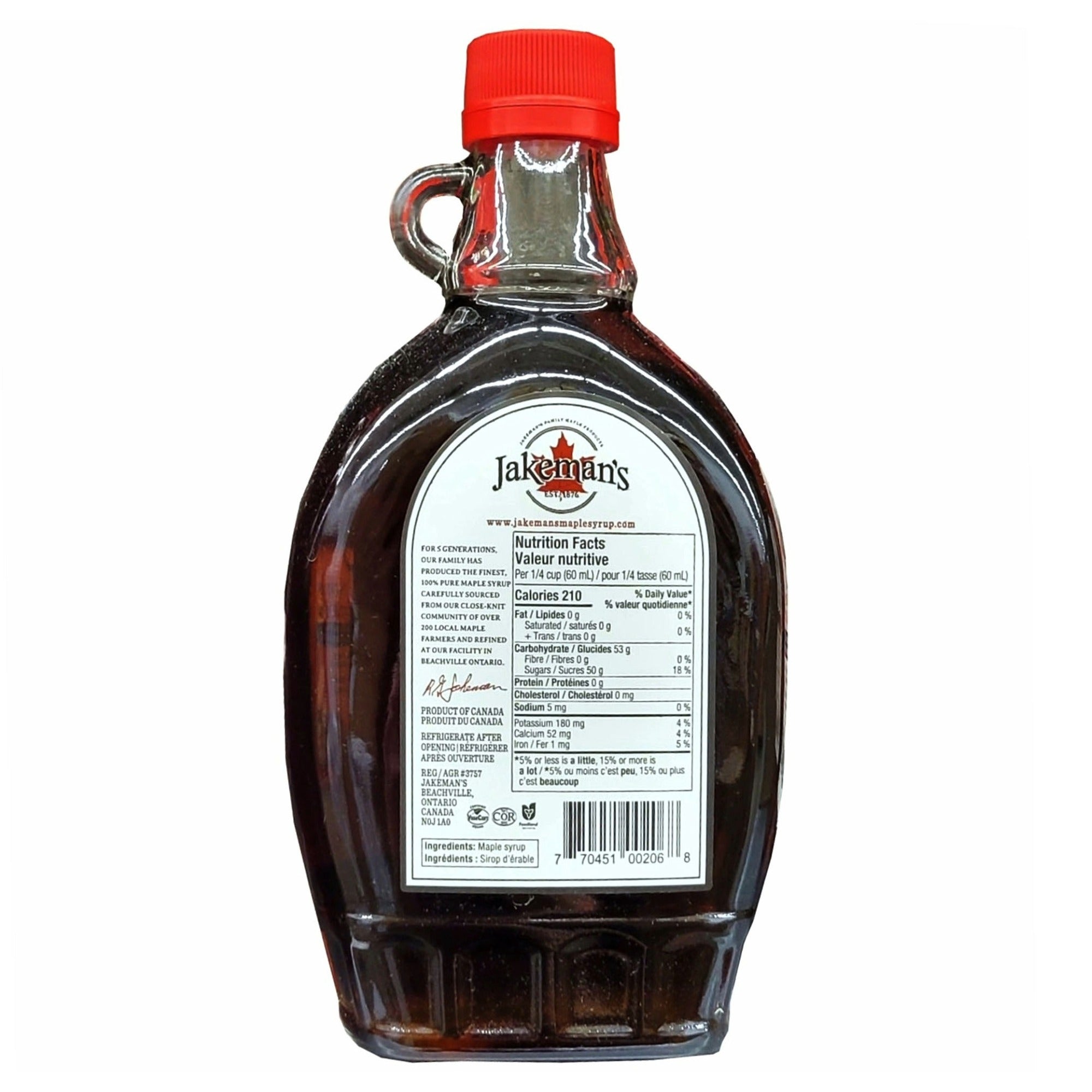Back bottle of Jakeman's pure maple syrup.