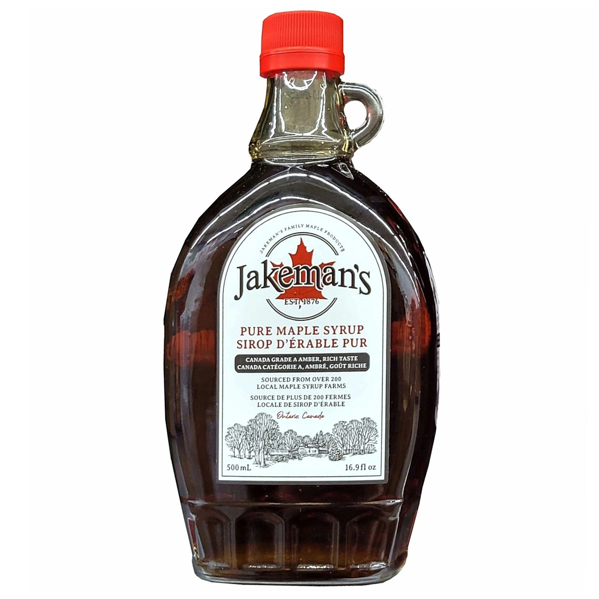 Front bottle of Jakeman's pure maple syrup .