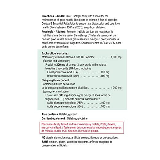 Jamieson Salmon & Fish Oils Omega-3 Complex 200ct Bottle 1,000 mg Directions