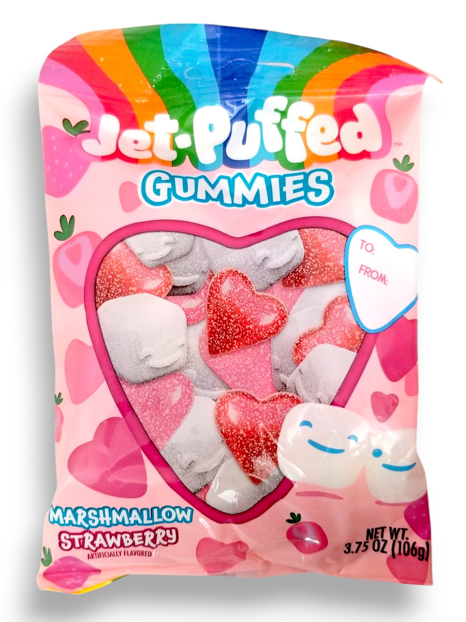 Jet Puffed Valentine's Day Strawberry Marshmallow Heart Gummies, 106g/3.75 oz - Front Of Bag