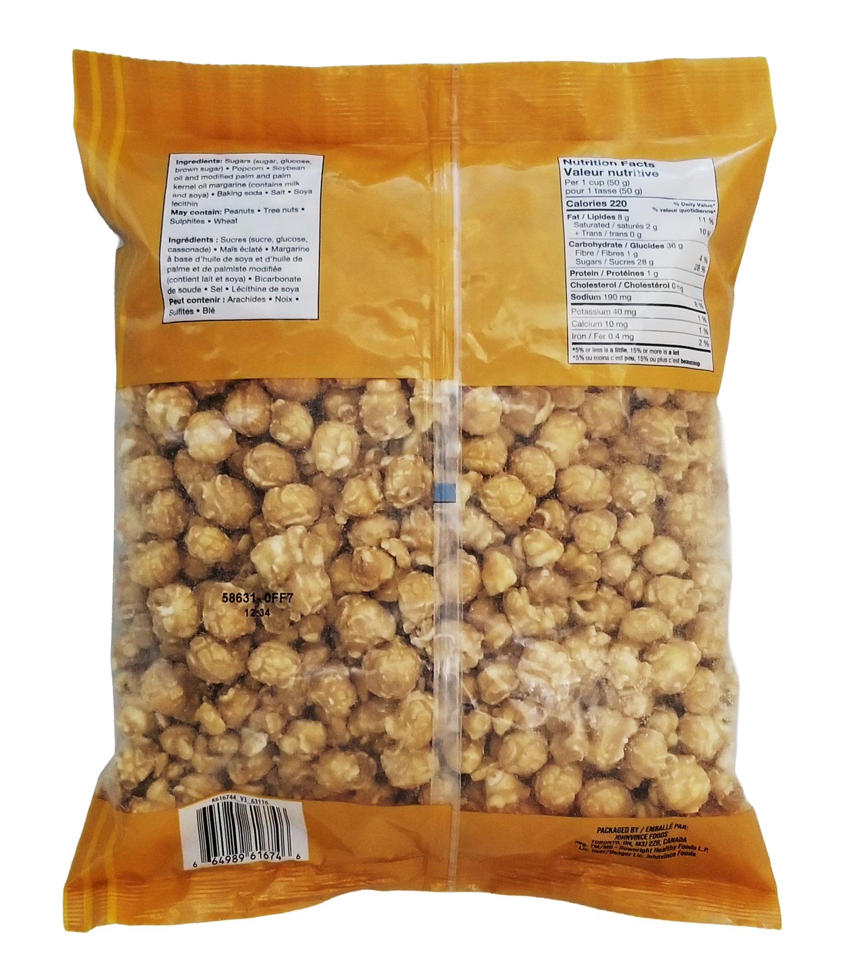 Back view of a Joe's Tasty Travels Premium Caramel Corn 500g package with a clear window showing the contents on an orange background
