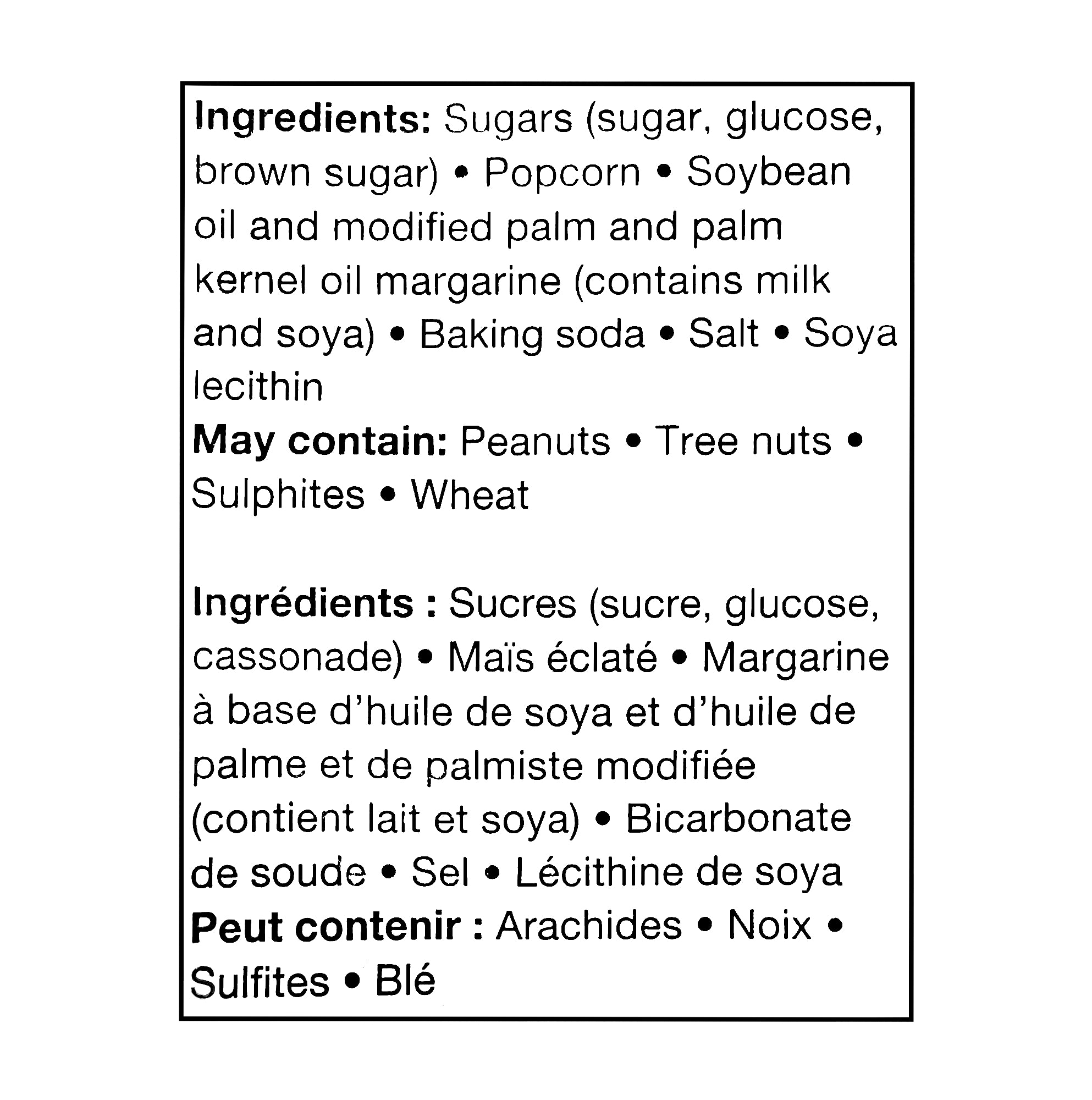 Ingredients list for Joe's Tasty Travels Premium Caramel Corn 500g with allergen warnings on a white background