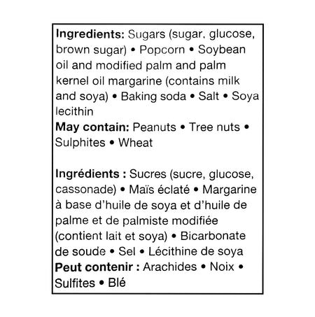 Ingredients list for Joe's Tasty Travels Premium Caramel Corn 500g with allergen warnings on a white background